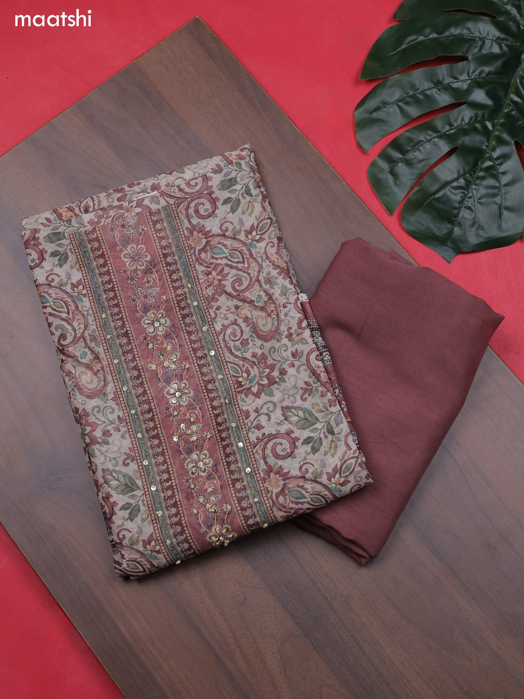 Dark Peach and Beige Chanderi Dress Material With Allover Floral Prints & French Knot Work Neck Pattern