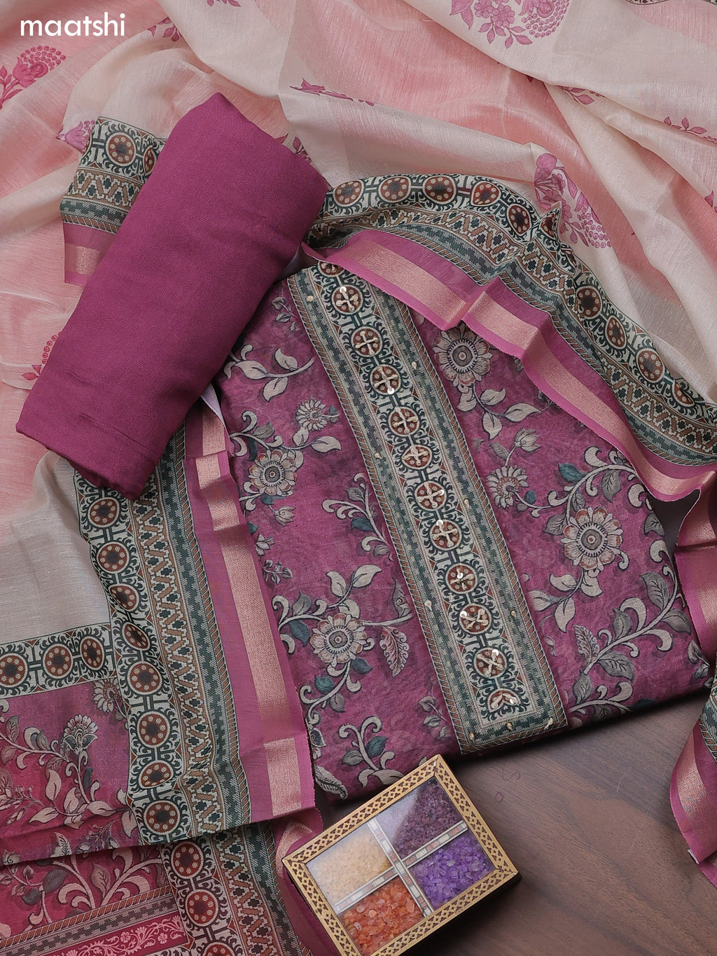 Magenta Chanderi Dress Material With Allover Floral Prints & French Knot Work Neck Pattern