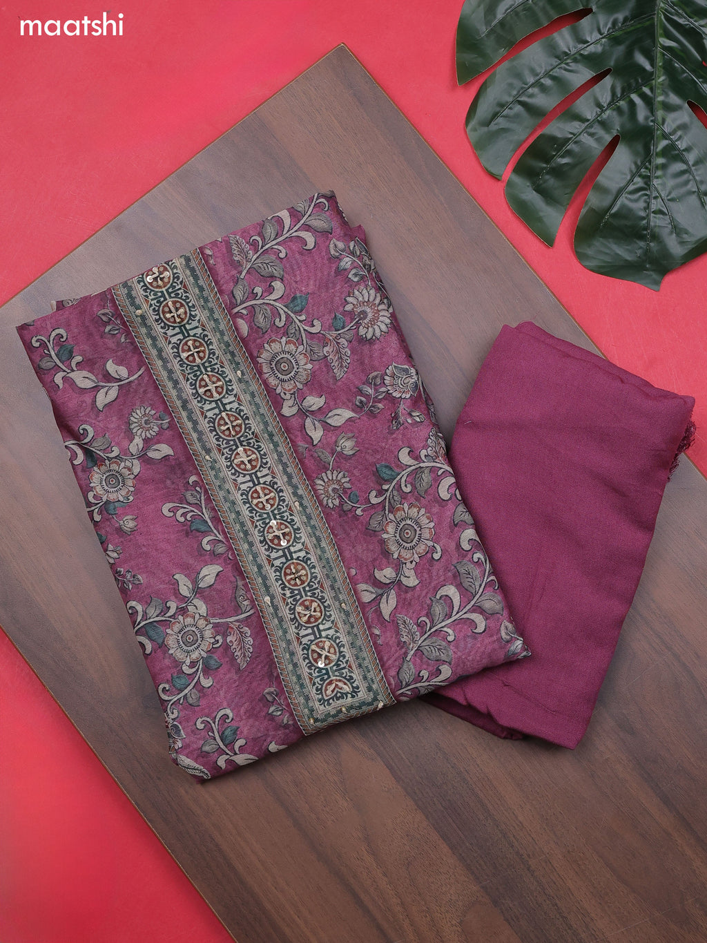 Magenta Chanderi Dress Material With Allover Floral Prints & French Knot Work Neck Pattern