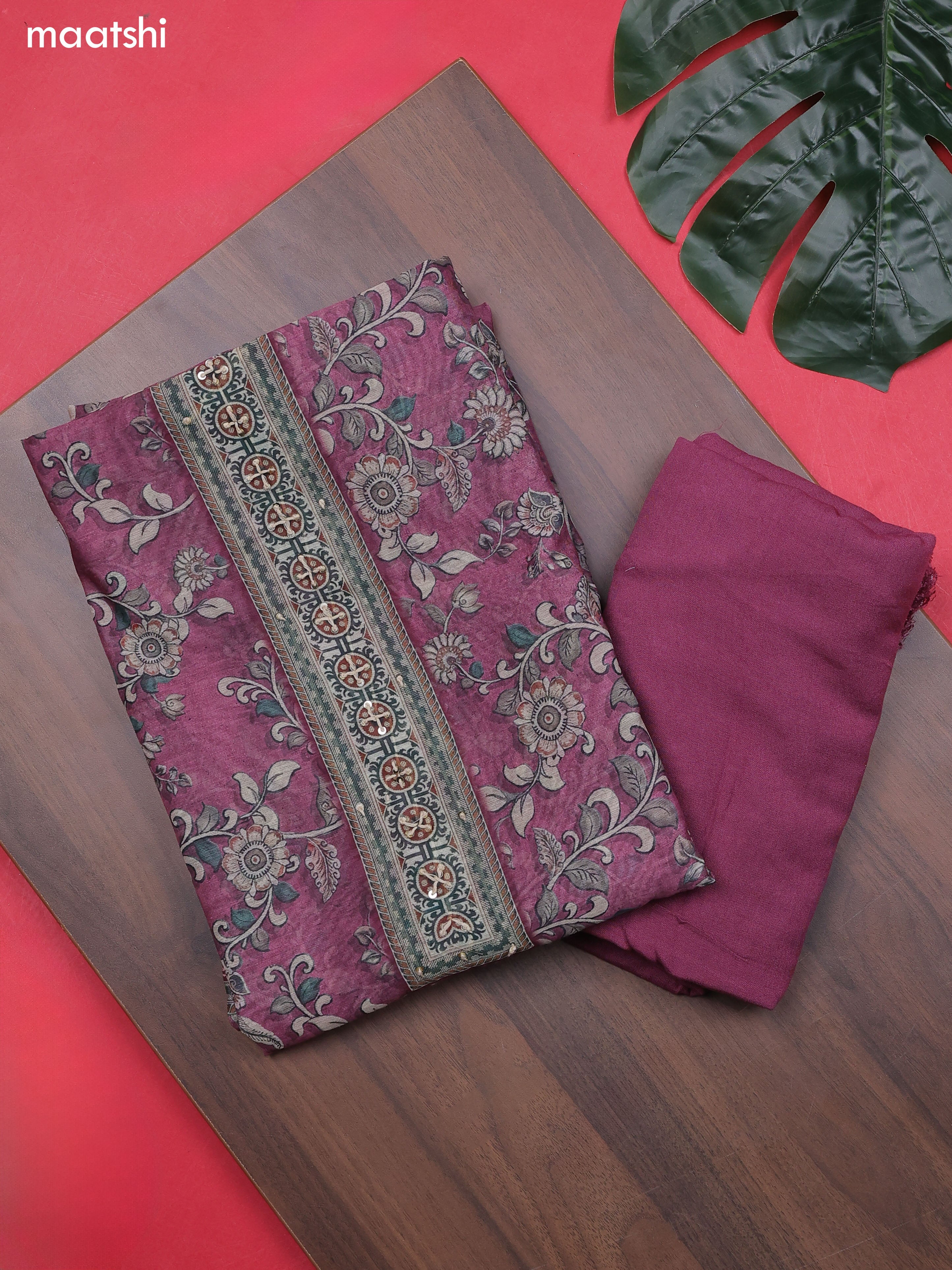 Magenta Chanderi Dress Material With Allover Floral Prints & French Knot Work Neck Pattern