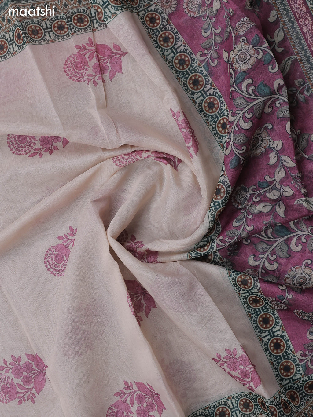 Magenta Chanderi Dress Material With Allover Floral Prints & French Knot Work Neck Pattern