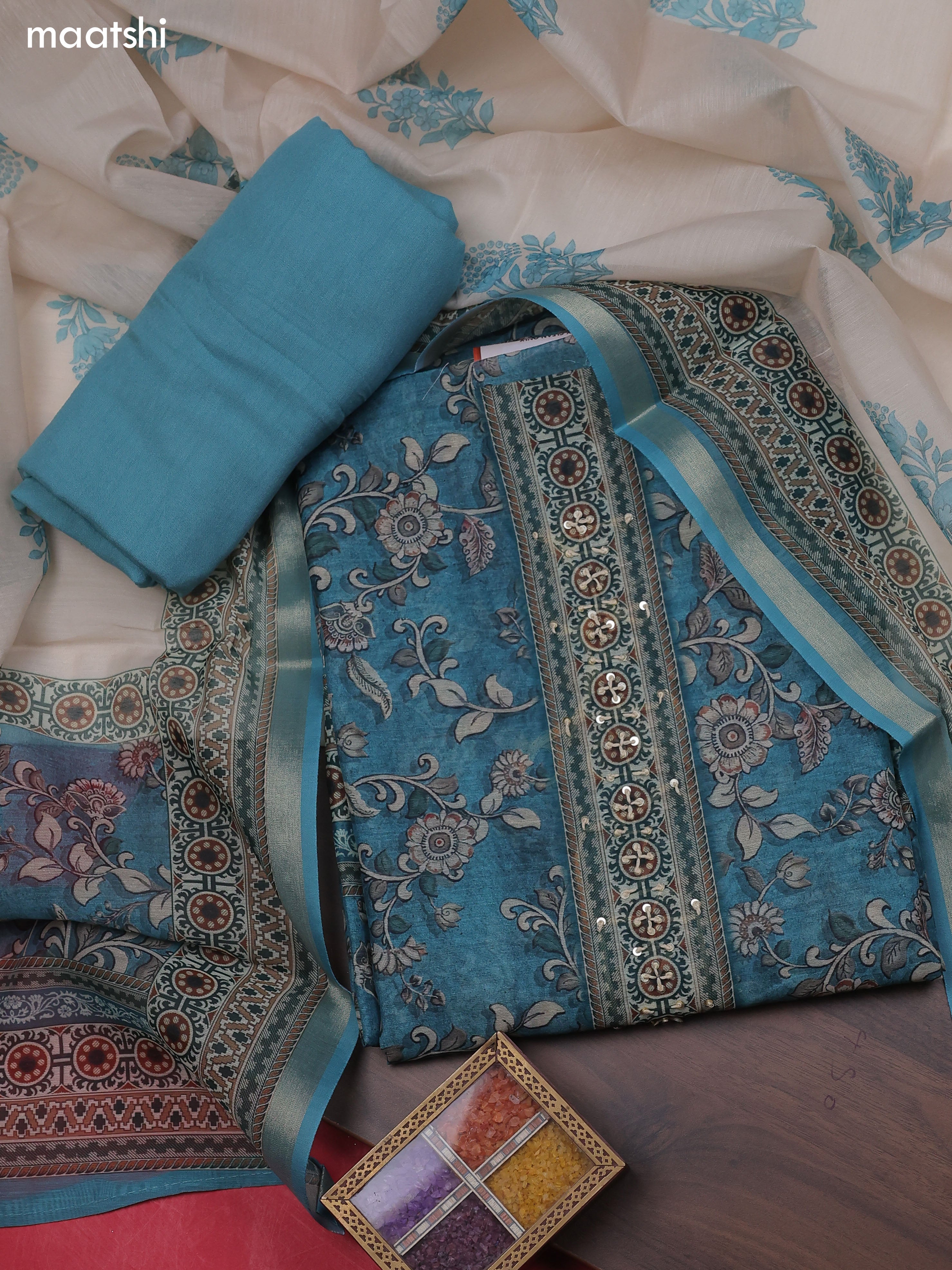 Teal Blue Chanderi Dress Material With Allover Floral Prints & French Knot Work Neck Pattern