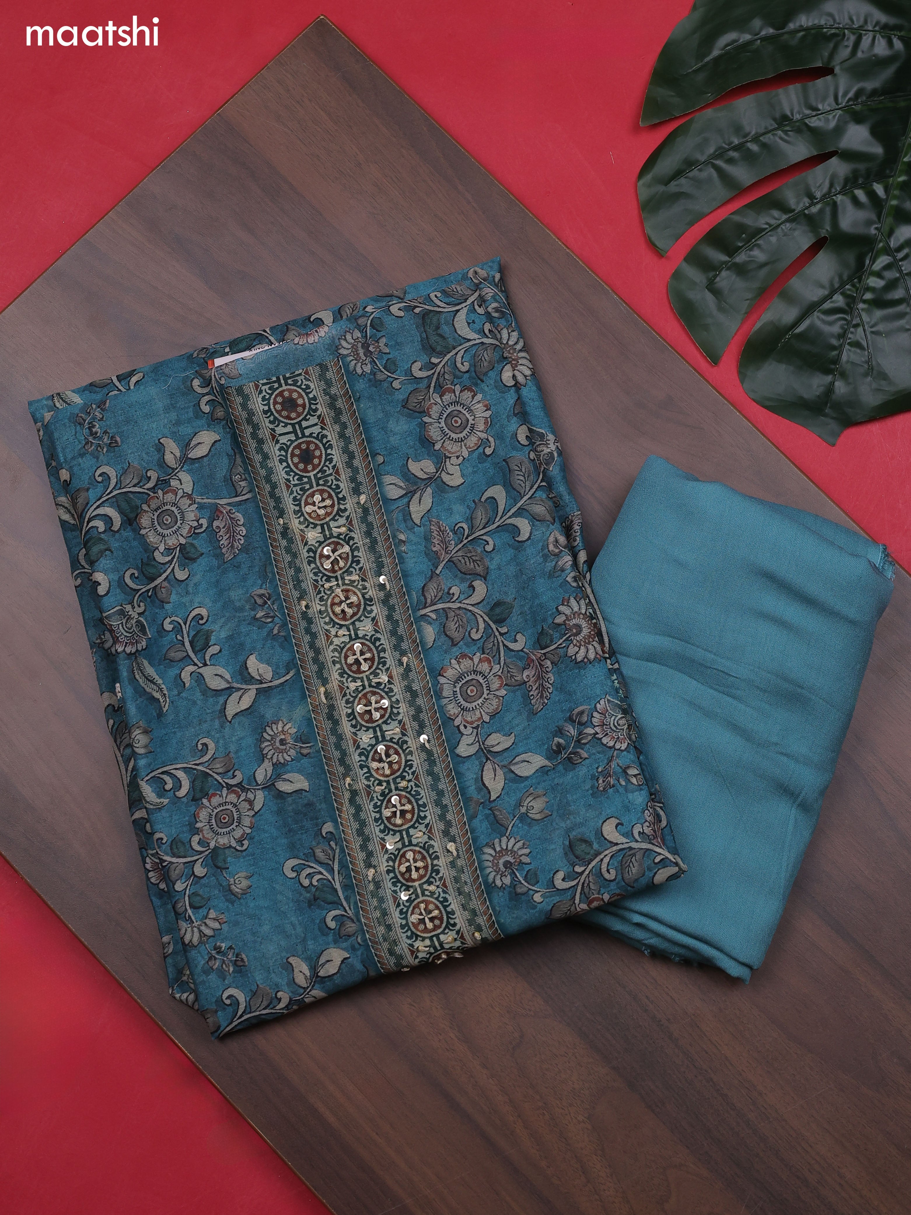 Teal Blue Chanderi Dress Material With Allover Floral Prints & French Knot Work Neck Pattern