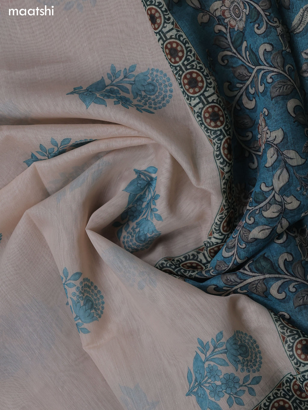 Teal Blue Chanderi Dress Material With Allover Floral Prints & French Knot Work Neck Pattern