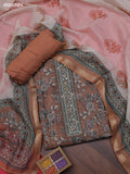 Brown Chanderi Dress Material With Allover Floral Prints & French Knot Work Neck Pattern