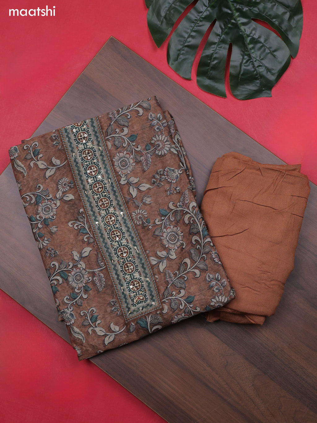 Brown Chanderi Dress Material With Allover Floral Prints & French Knot Work Neck Pattern