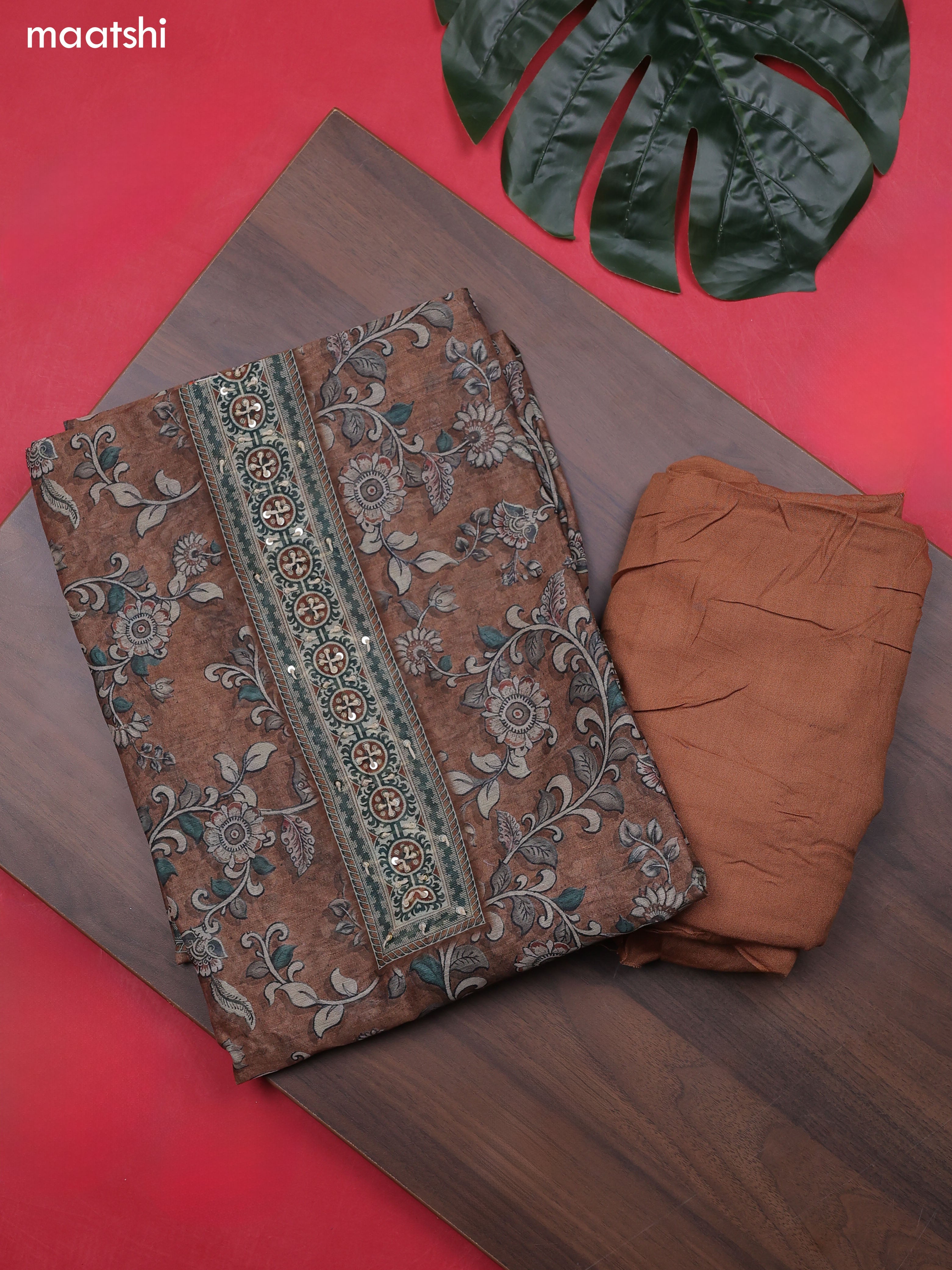 Brown Chanderi Dress Material With Allover Floral Prints & French Knot Work Neck Pattern