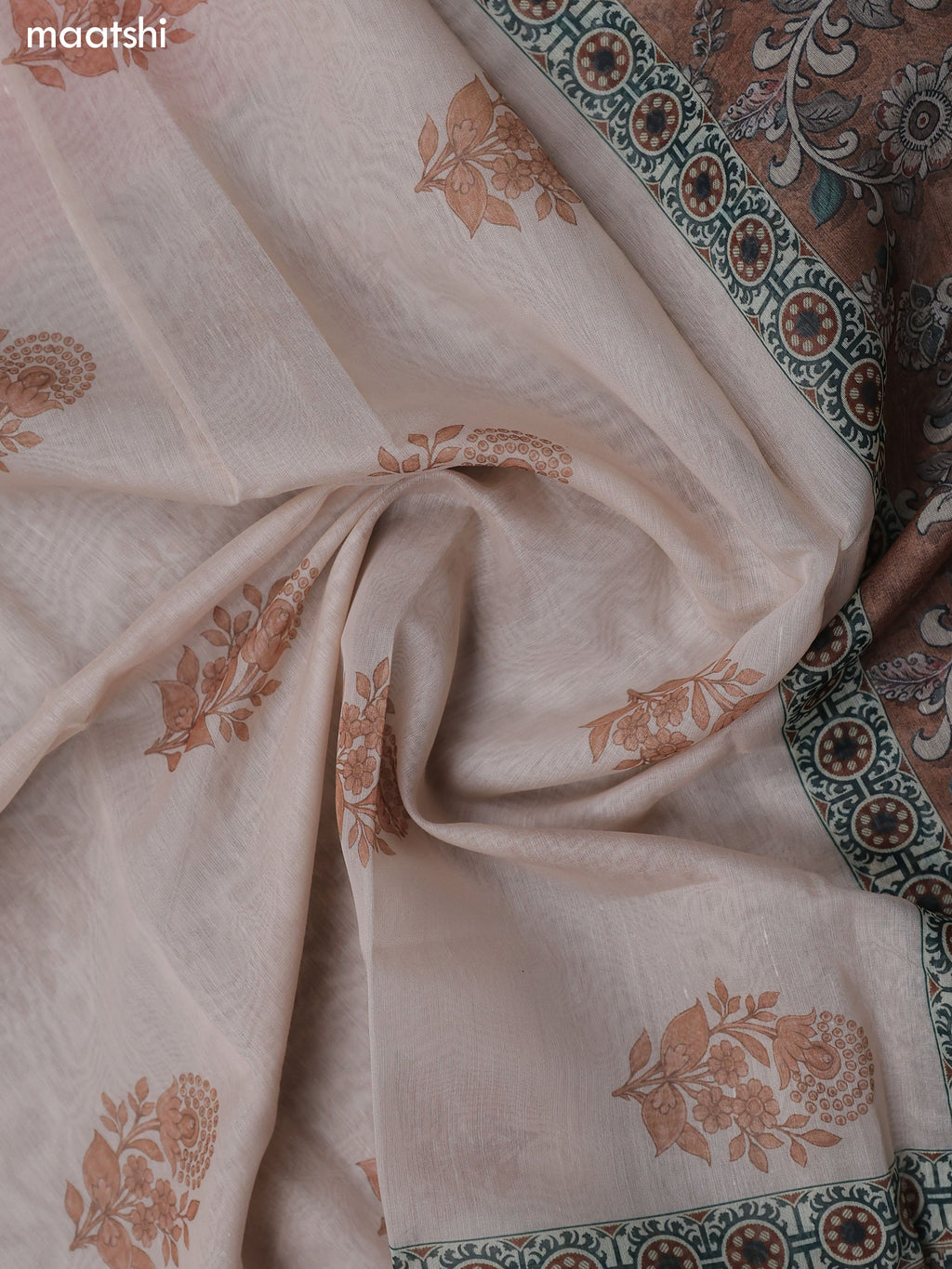 Brown Chanderi Dress Material With Allover Floral Prints & French Knot Work Neck Pattern