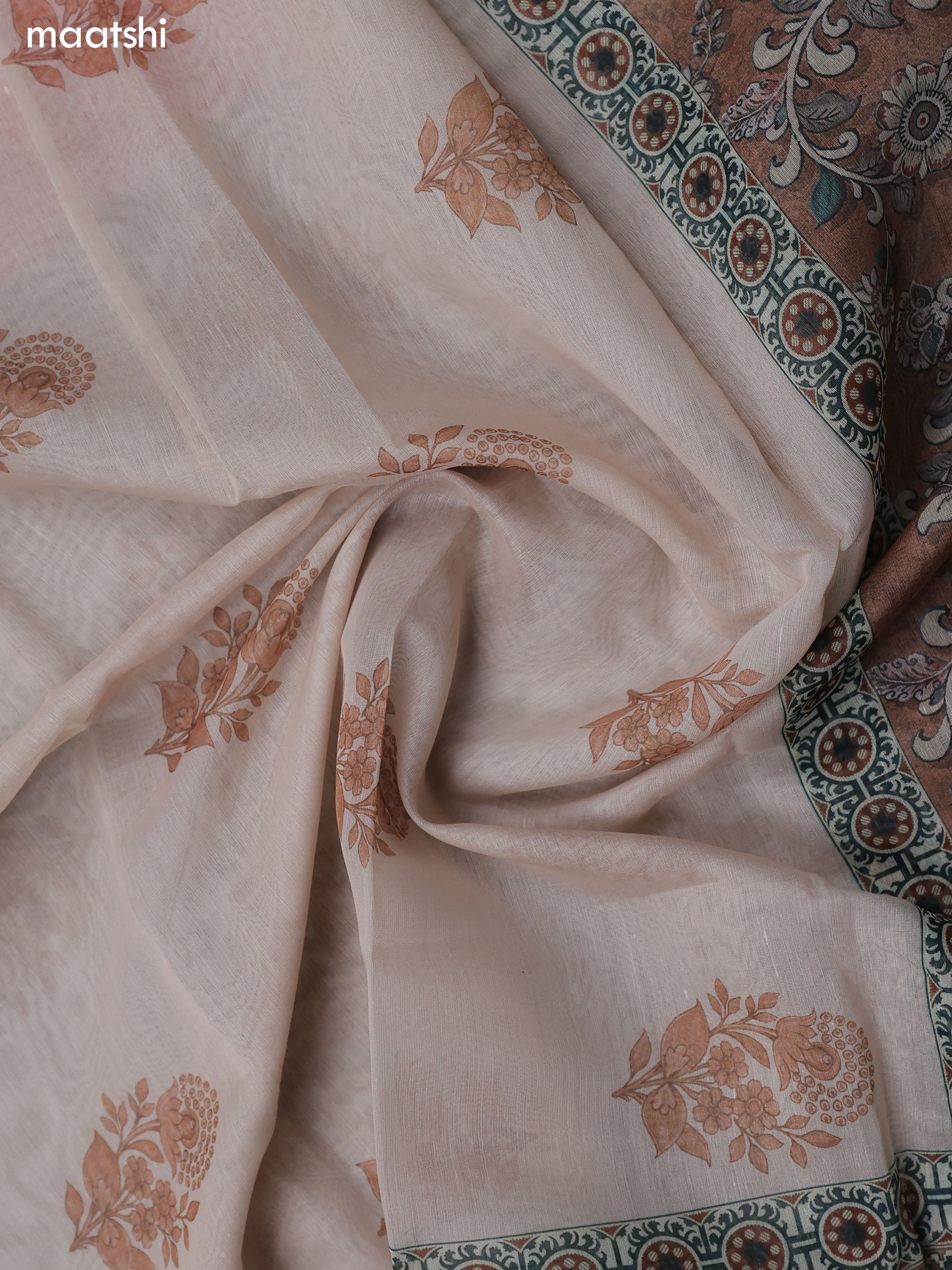 Brown Chanderi Dress Material With Allover Floral Prints & French Knot Work Neck Pattern