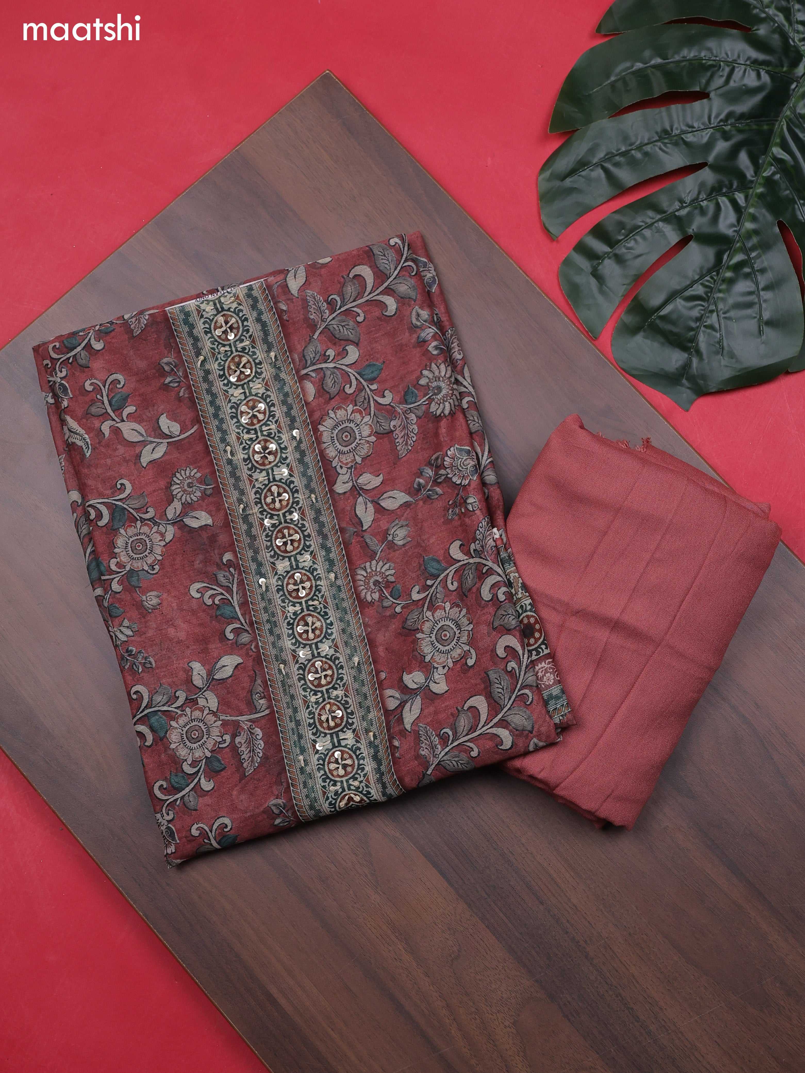 Dark Peach Chanderi Dress Material With Allover Floral Prints & French Knot Work Neck Pattern