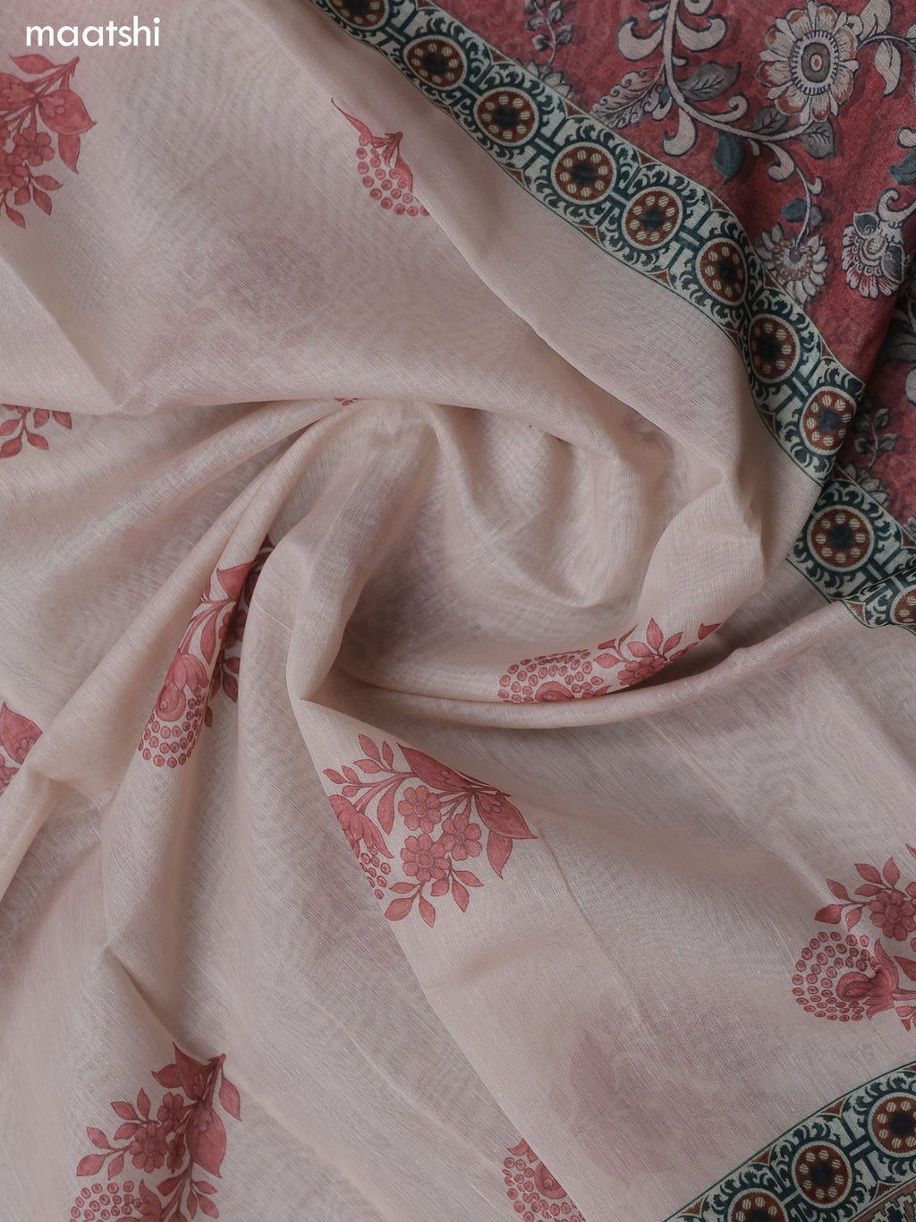 Dark Peach Chanderi Dress Material With Allover Floral Prints & French Knot Work Neck Pattern