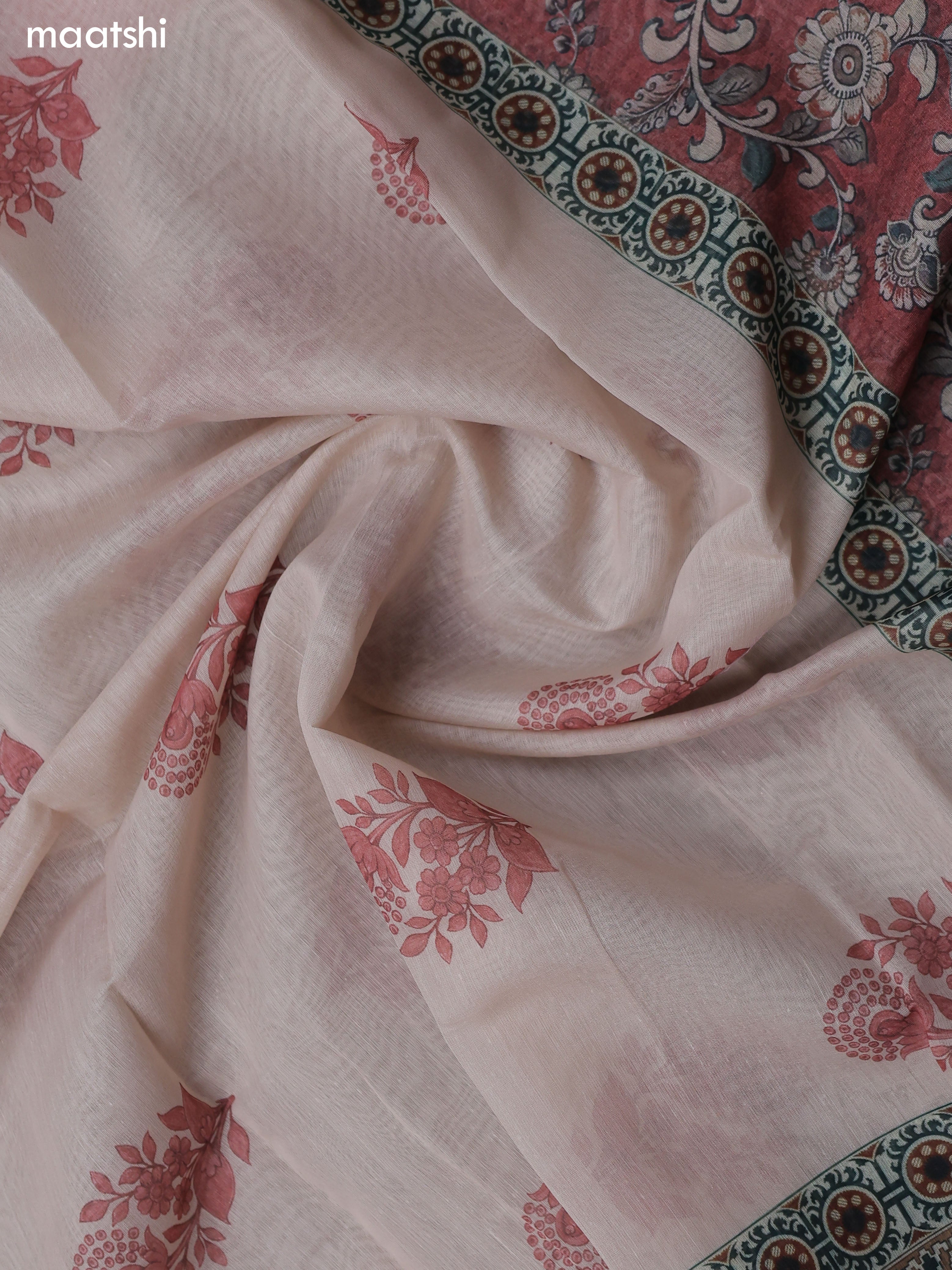 Dark Peach Chanderi Dress Material With Allover Floral Prints & French Knot Work Neck Pattern