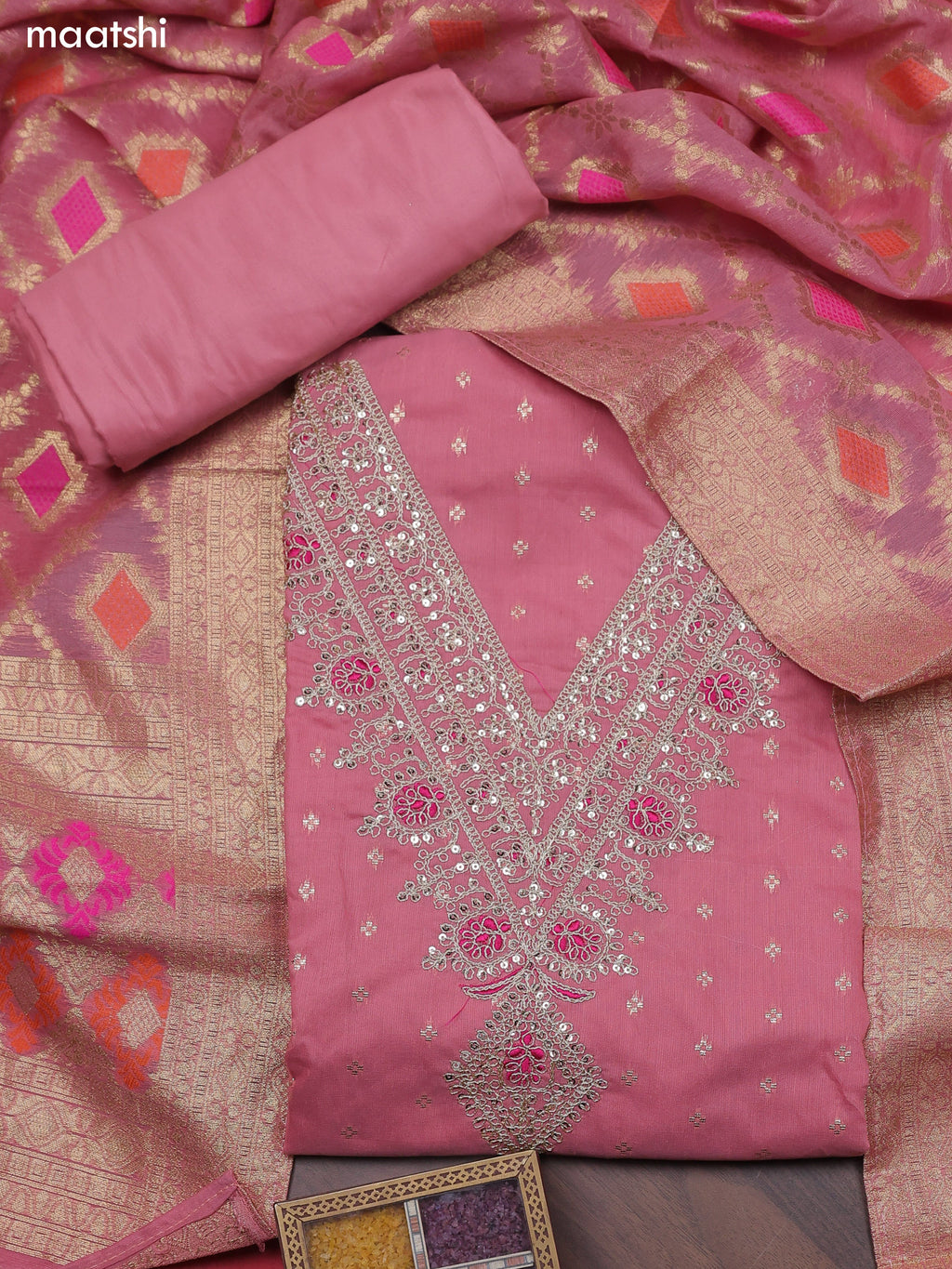 Pink Chanderi Dress Material With Embroidery Work Neck Pattern