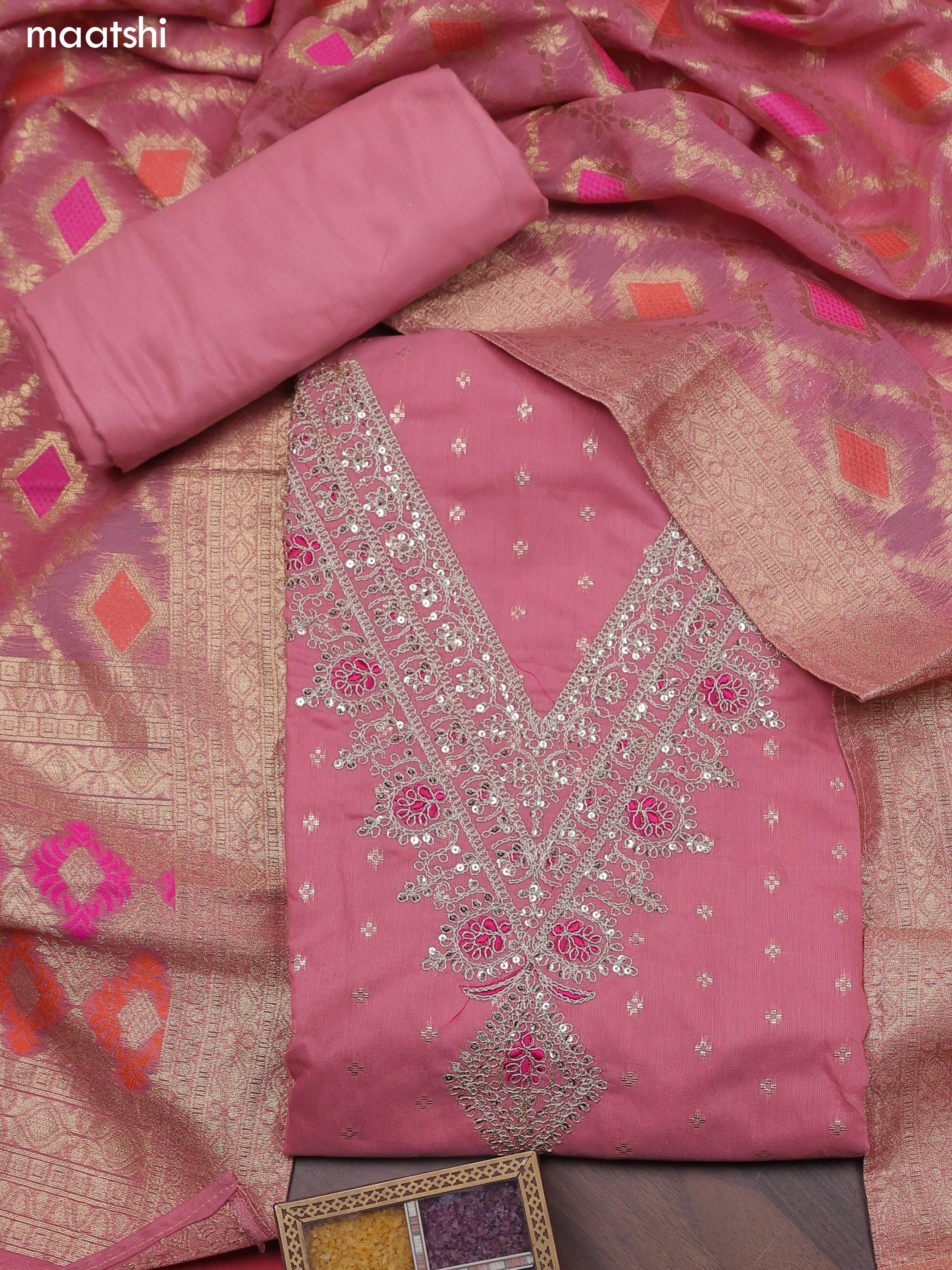 Pink Chanderi Dress Material With Embroidery Work Neck Pattern