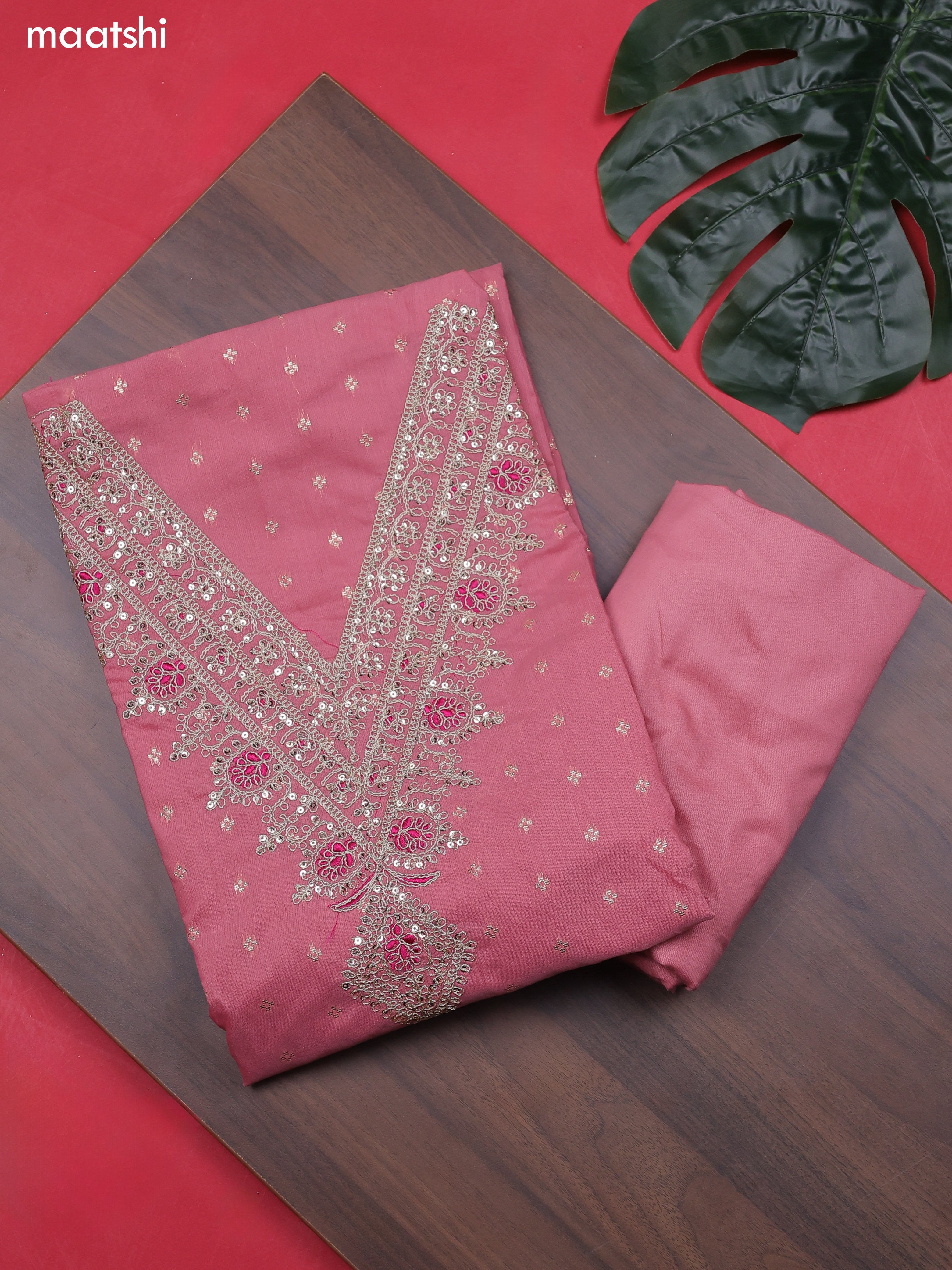 Pink Chanderi Dress Material With Embroidery Work Neck Pattern