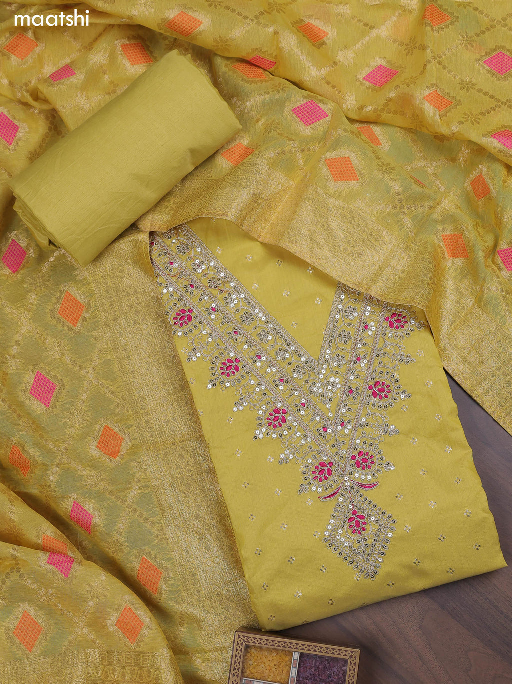 Yellow Chanderi Dress Material With Embroidery Work Neck Pattern