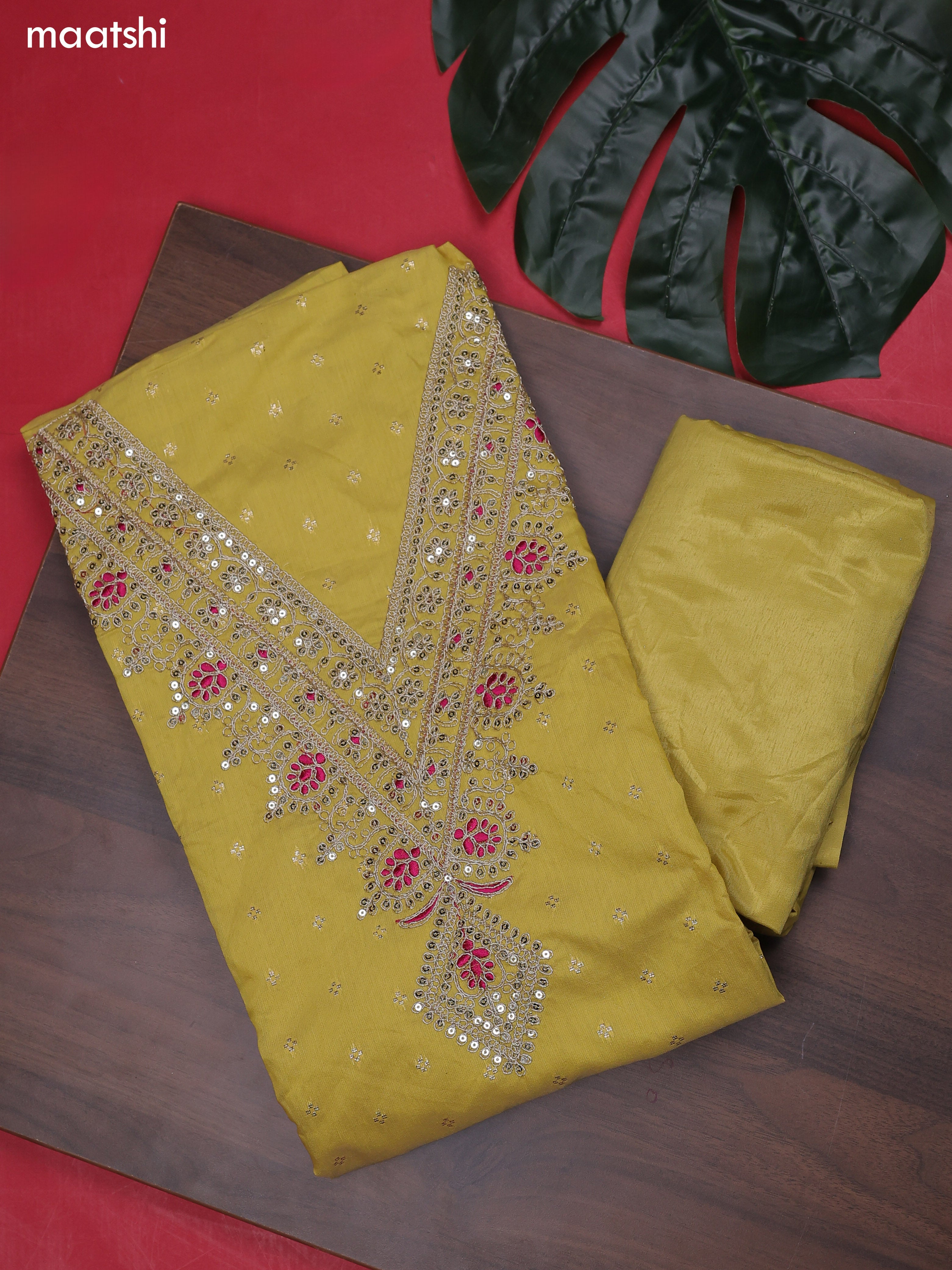 Yellow Chanderi Dress Material With Embroidery Work Neck Pattern