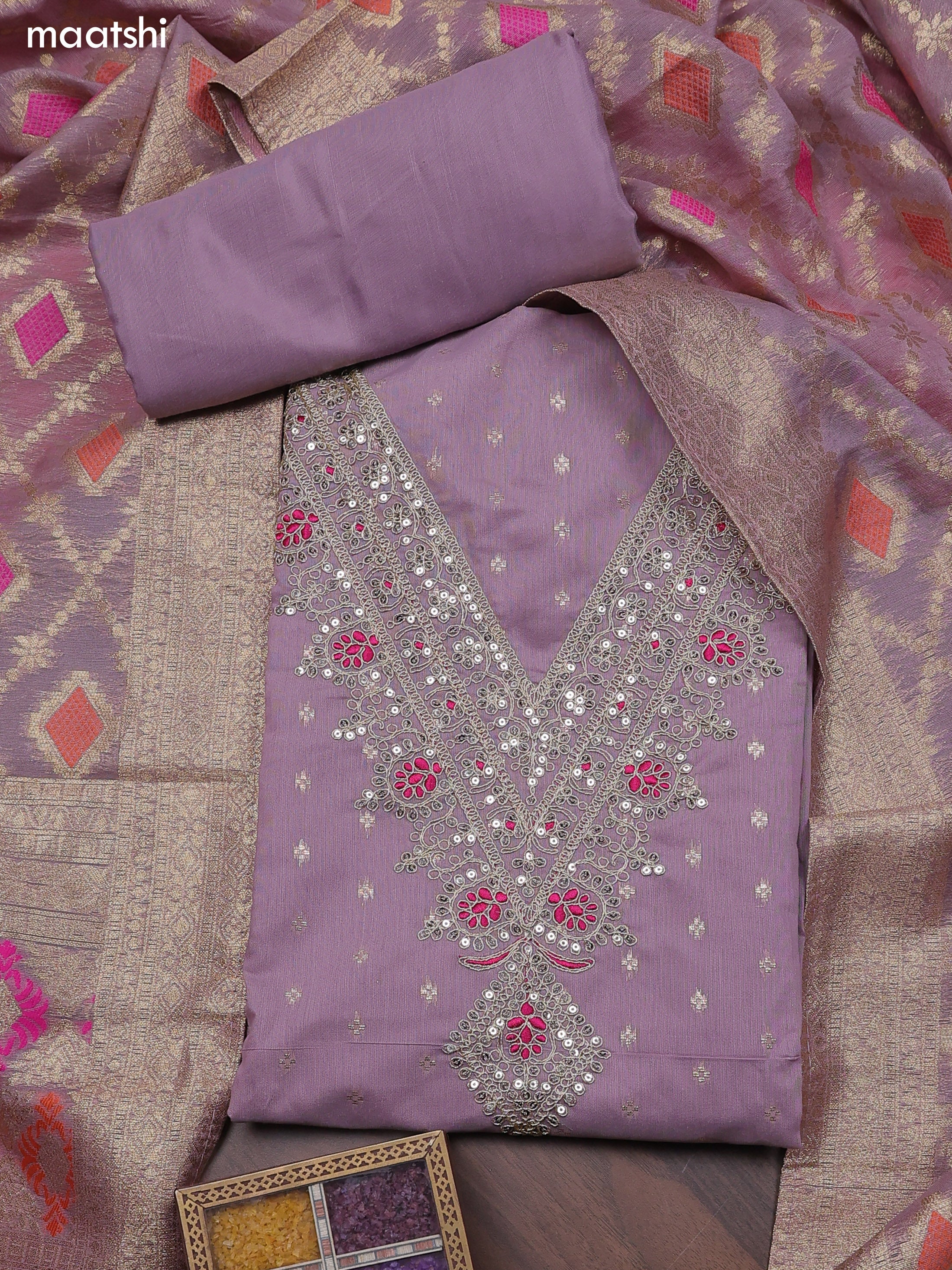 Lavender Chanderi Dress Material With Embroidery Work Neck Pattern