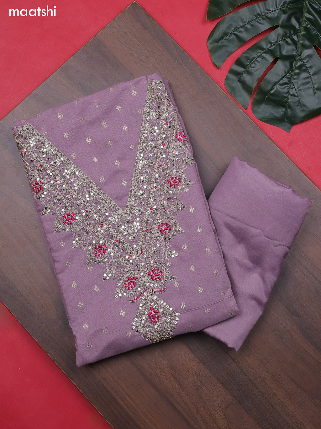 Lavender Chanderi Dress Material With Embroidery Work Neck Pattern