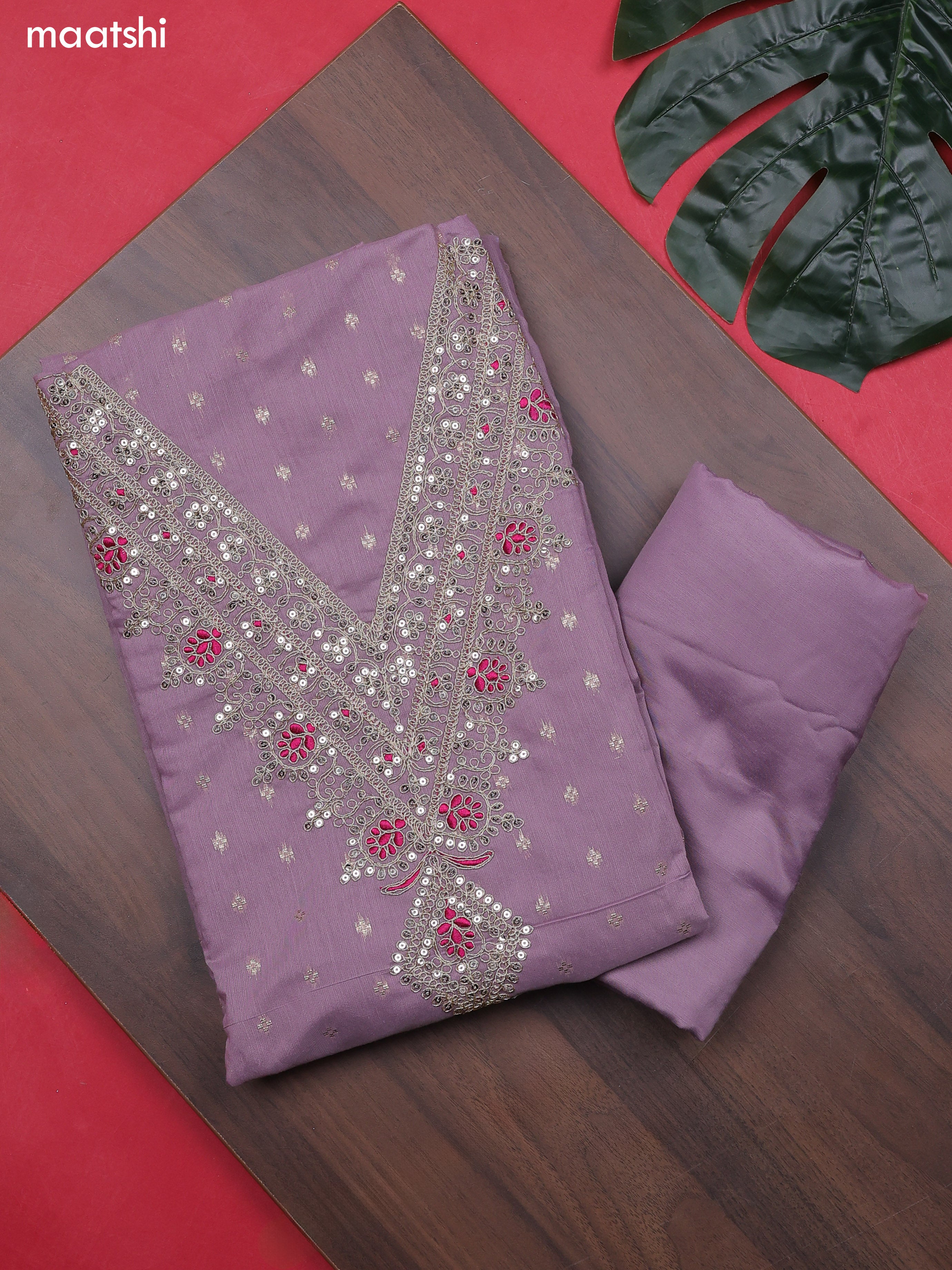 Lavender Chanderi Dress Material With Embroidery Work Neck Pattern