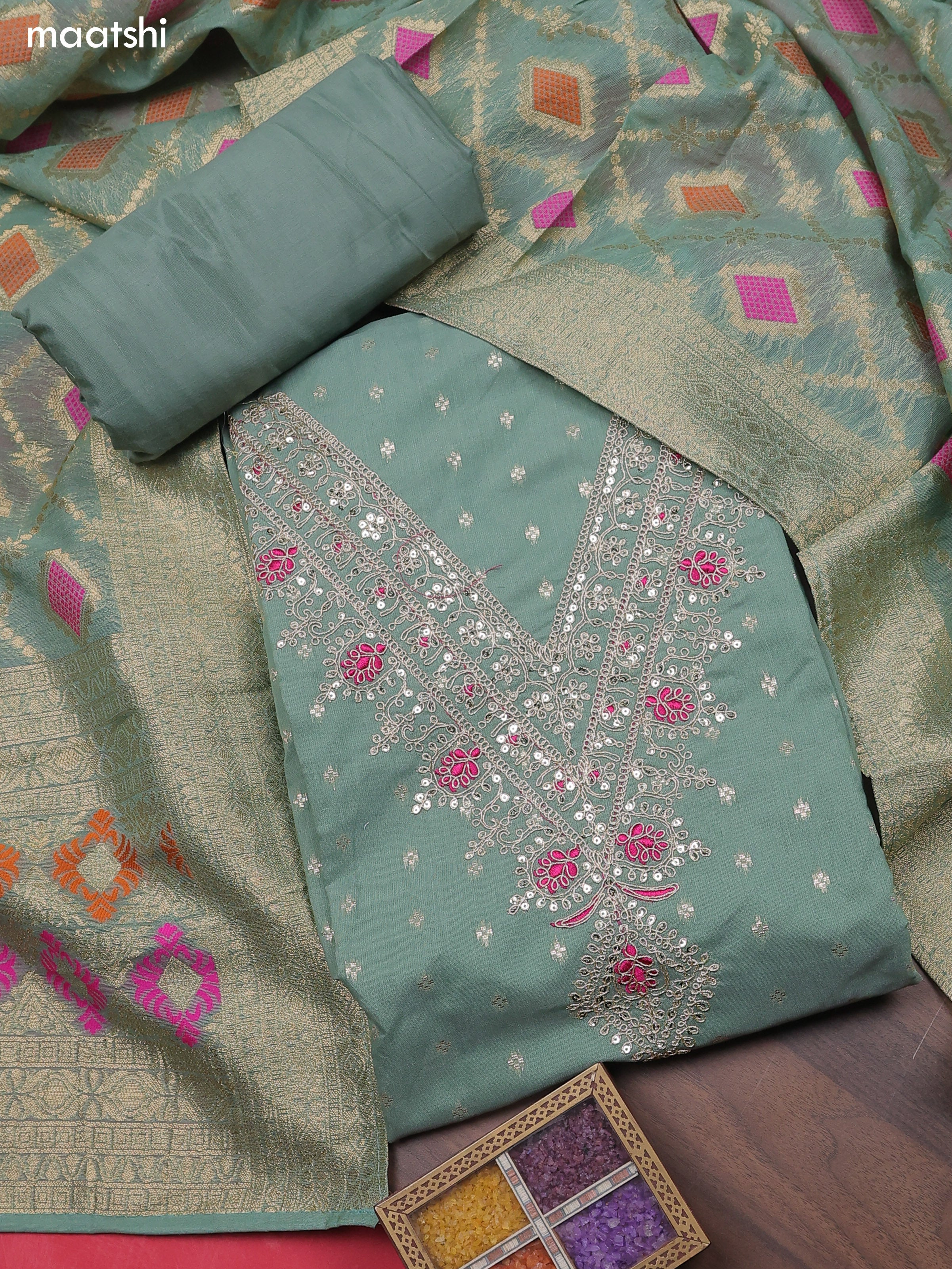 Green Chanderi Dress Material With Embroidery Work Neck Pattern