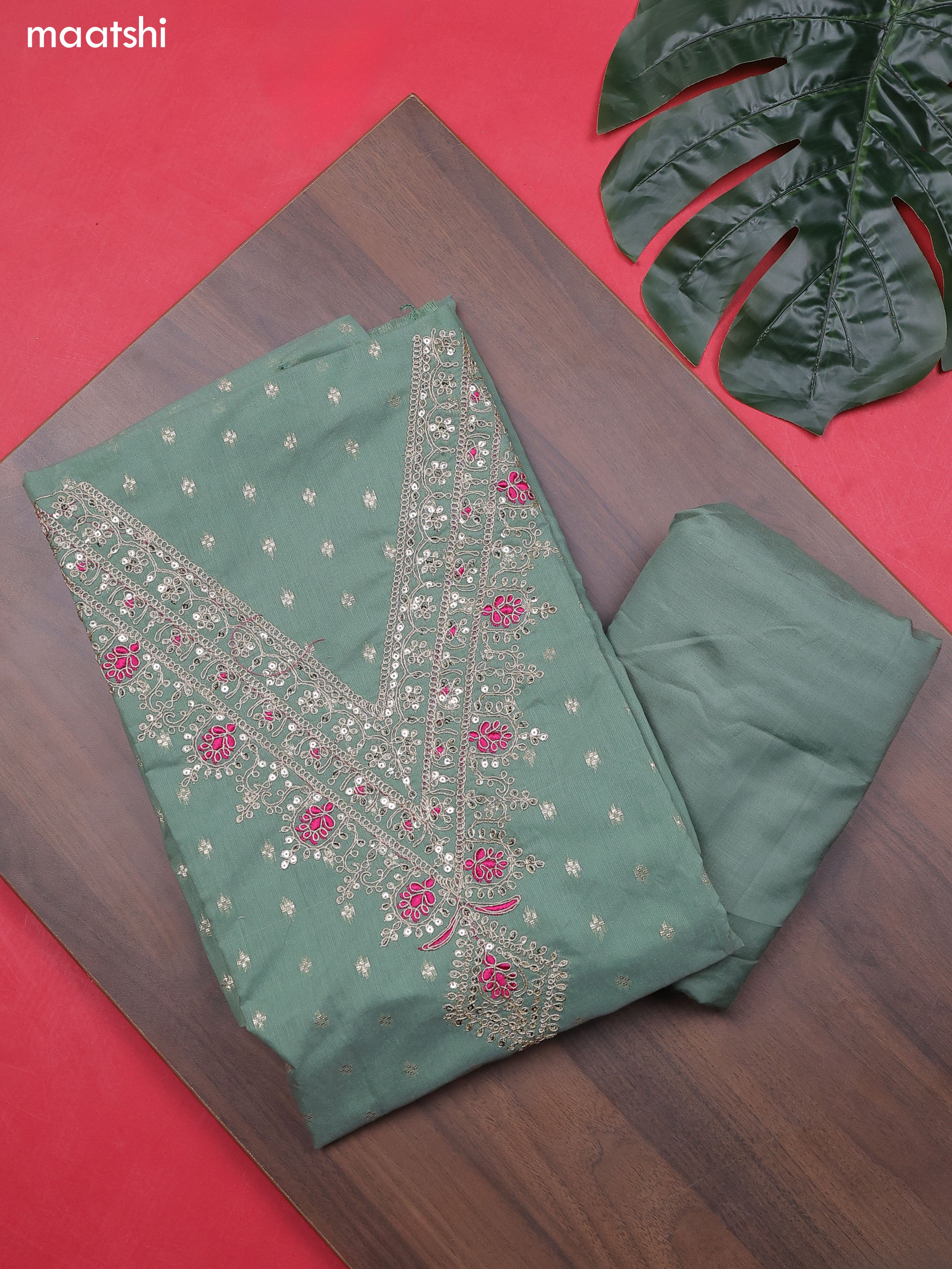 Green Chanderi Dress Material With Embroidery Work Neck Pattern