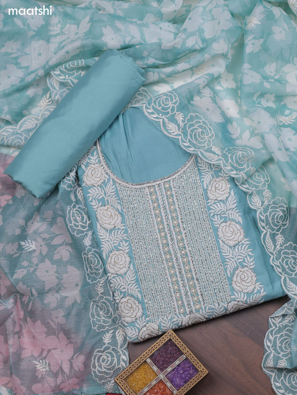 Light Blue Chanderi Dress Material With Sequins Embroidery Neck Pattern