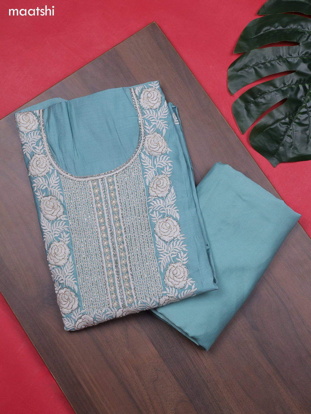 Light Blue Chanderi Dress Material With Sequins Embroidery Neck Pattern