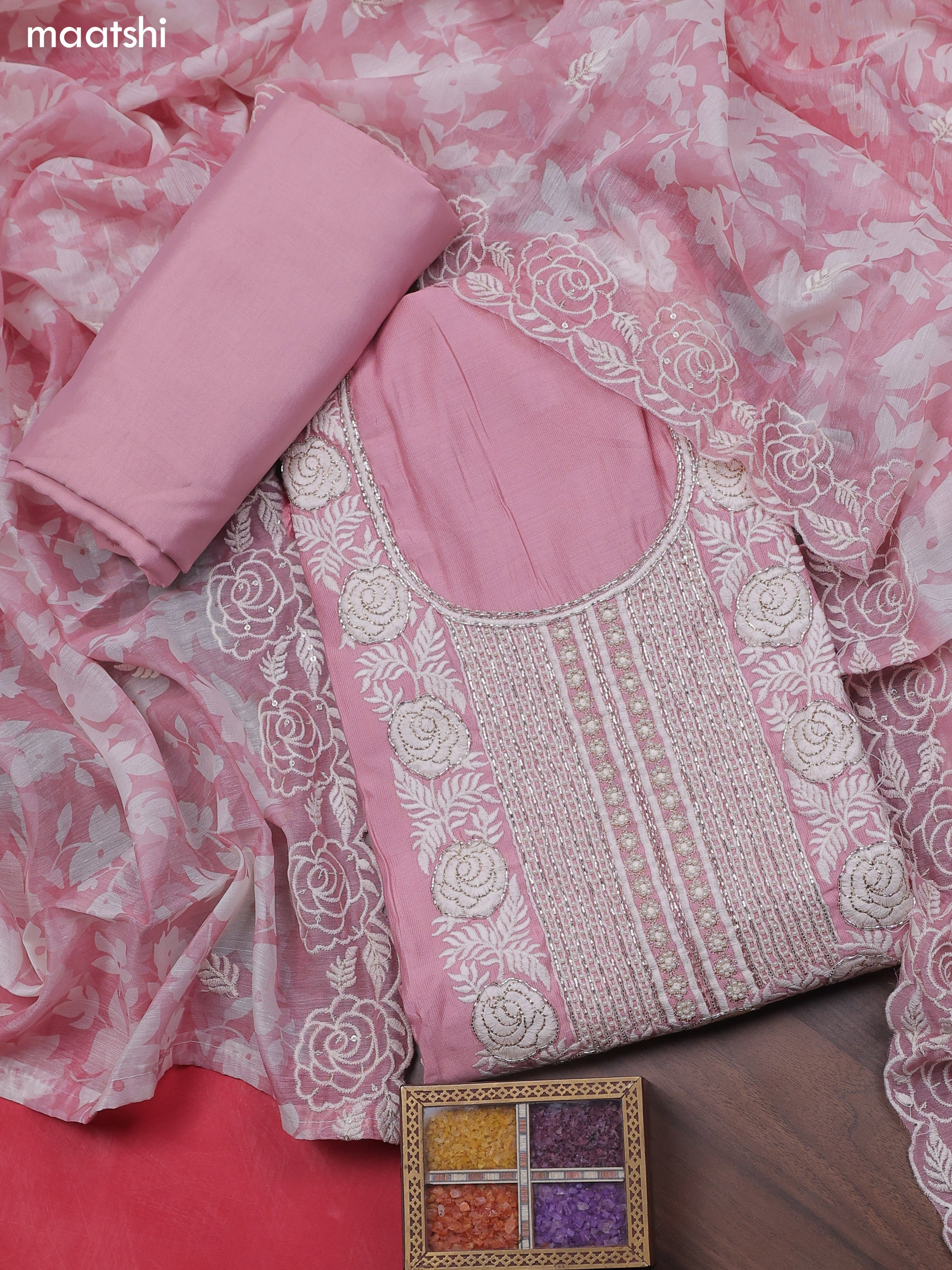 Lotus Pink Chanderi Dress Material With Sequins Embroidery Neck Pattern