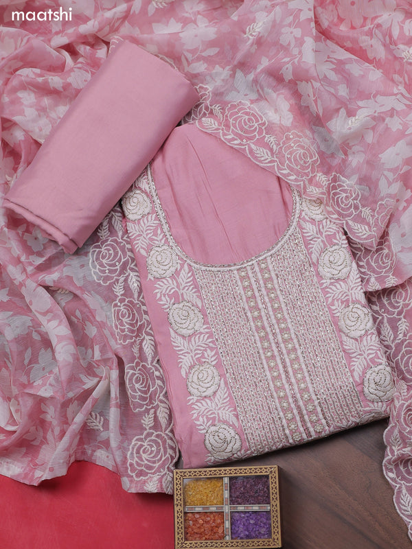 Lotus Pink Chanderi Dress Material With Sequins Embroidery Neck Pattern