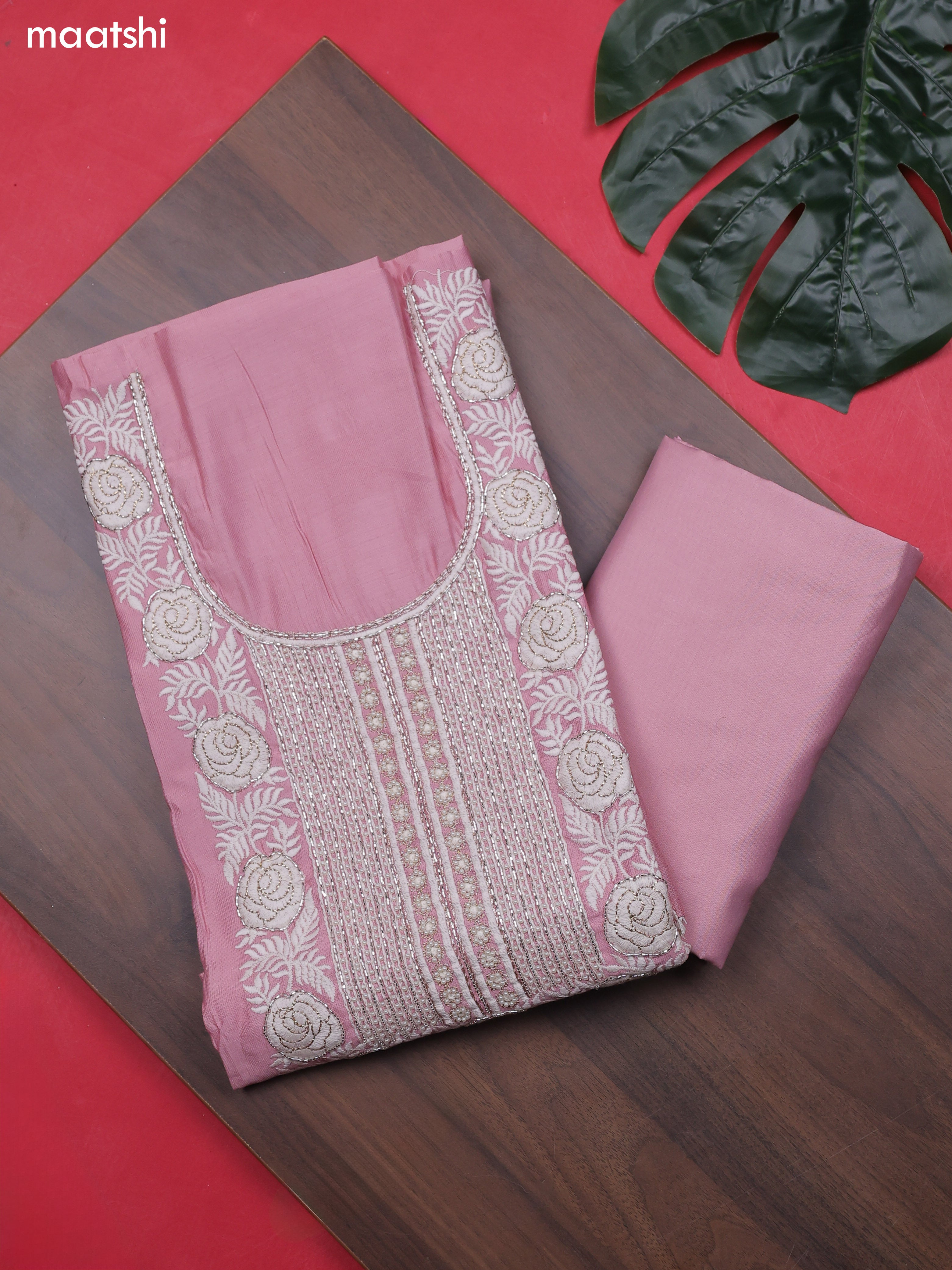 Lotus Pink Chanderi Dress Material With Sequins Embroidery Neck Pattern