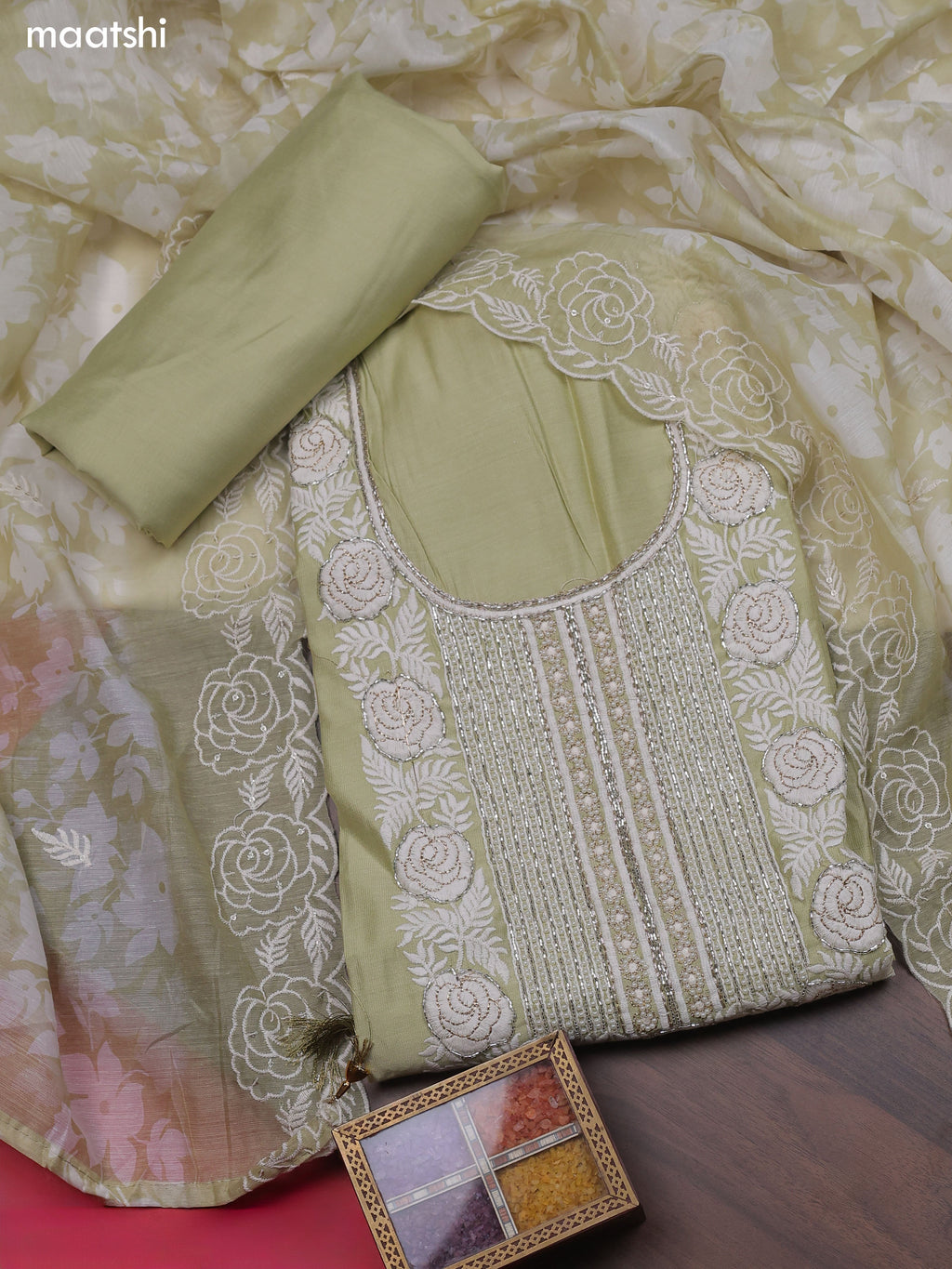 Pastel Green Chanderi Dress Material With Sequins Embroidery Neck Pattern