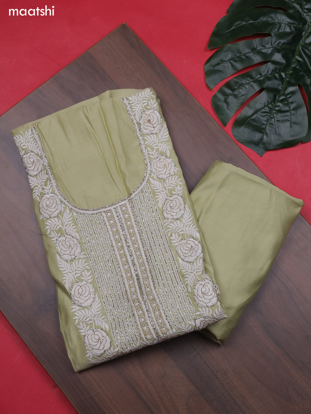 Pastel Green Chanderi Dress Material With Sequins Embroidery Neck Pattern