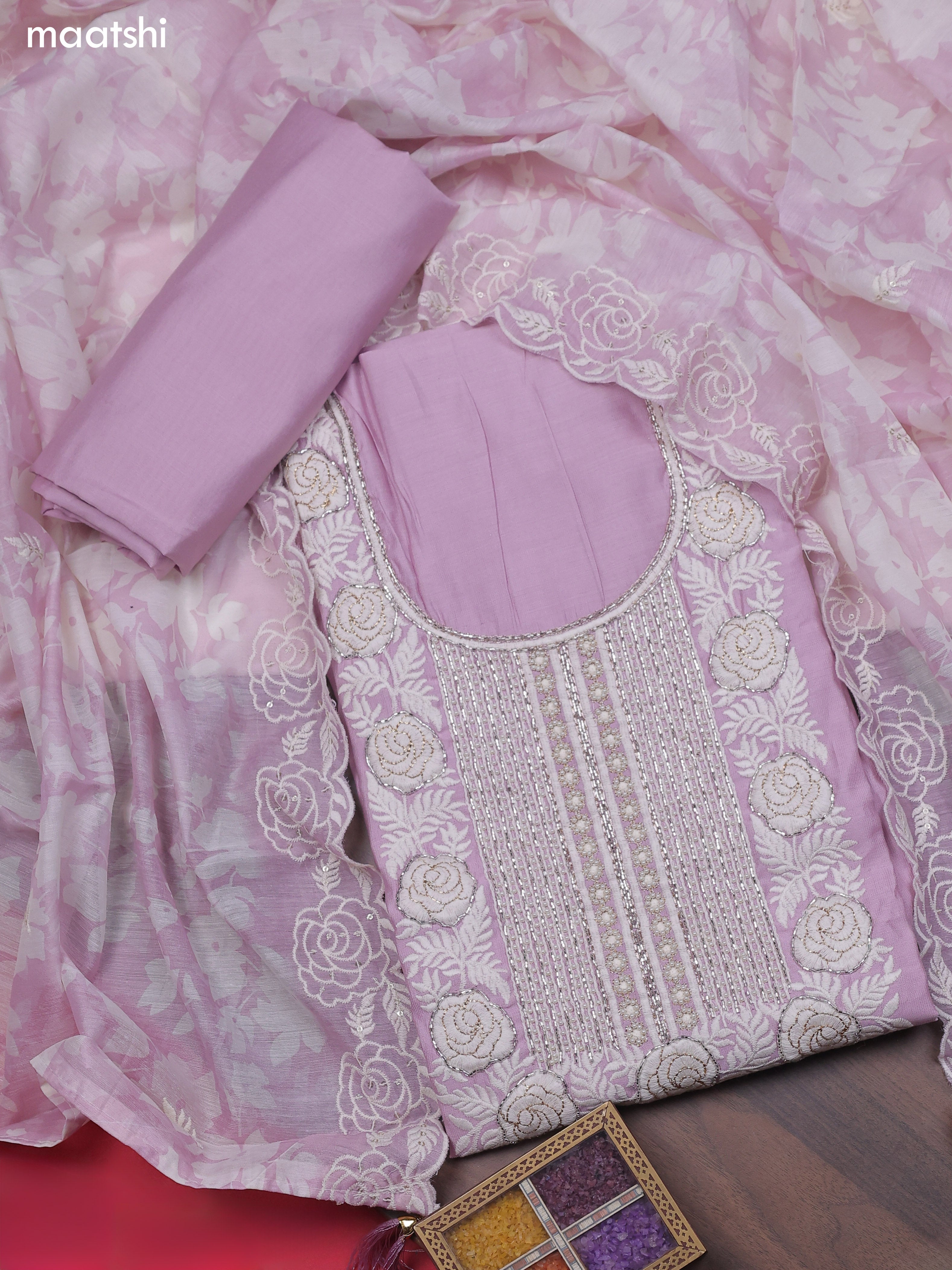 Lavender Chanderi Dress Material With Sequins Embroidery Neck Pattern