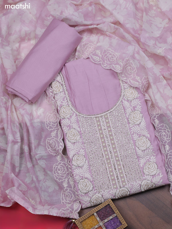 Lavender Chanderi Dress Material With Sequins Embroidery Neck Pattern