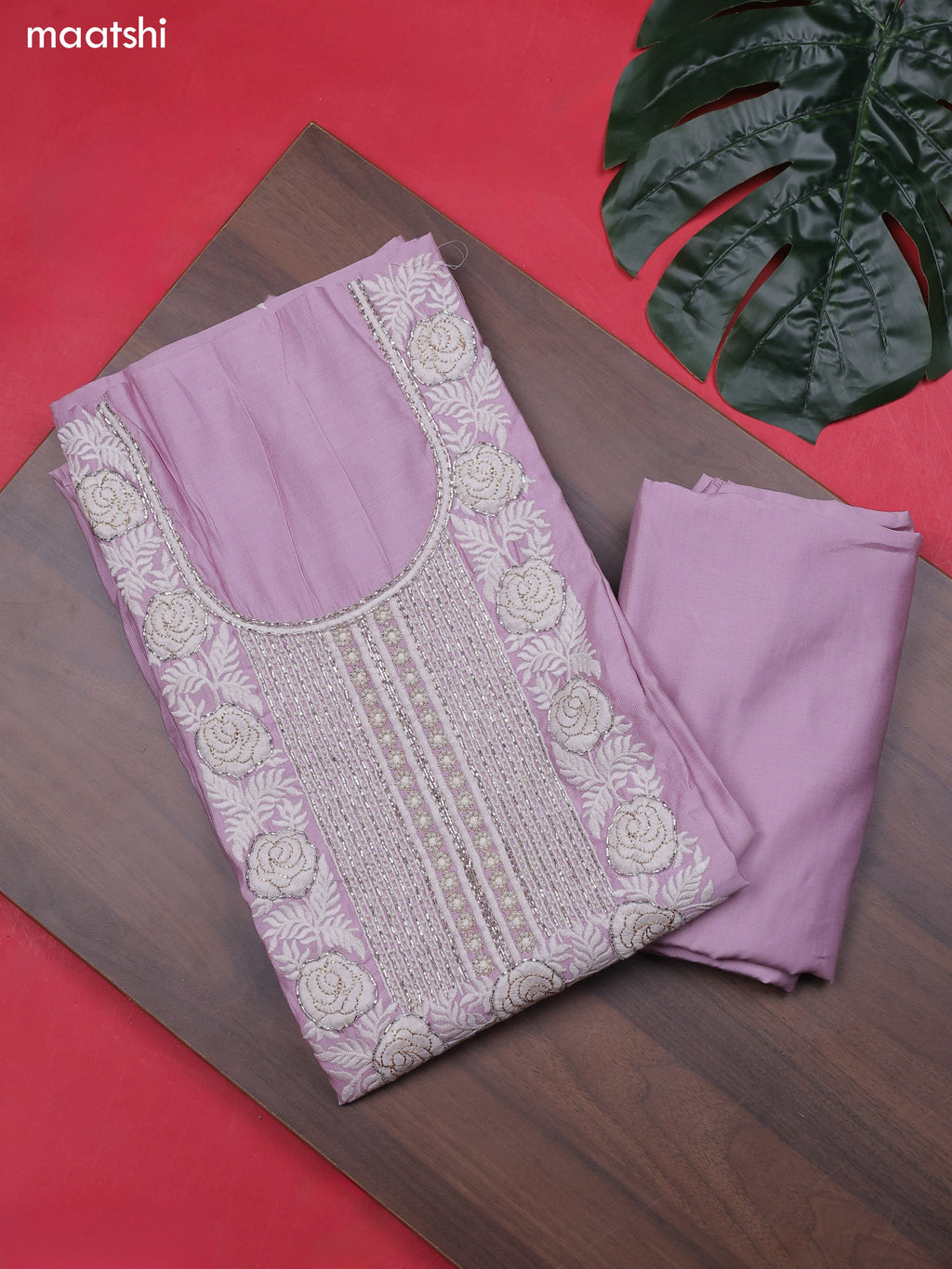 Lavender Chanderi Dress Material With Sequins Embroidery Neck Pattern