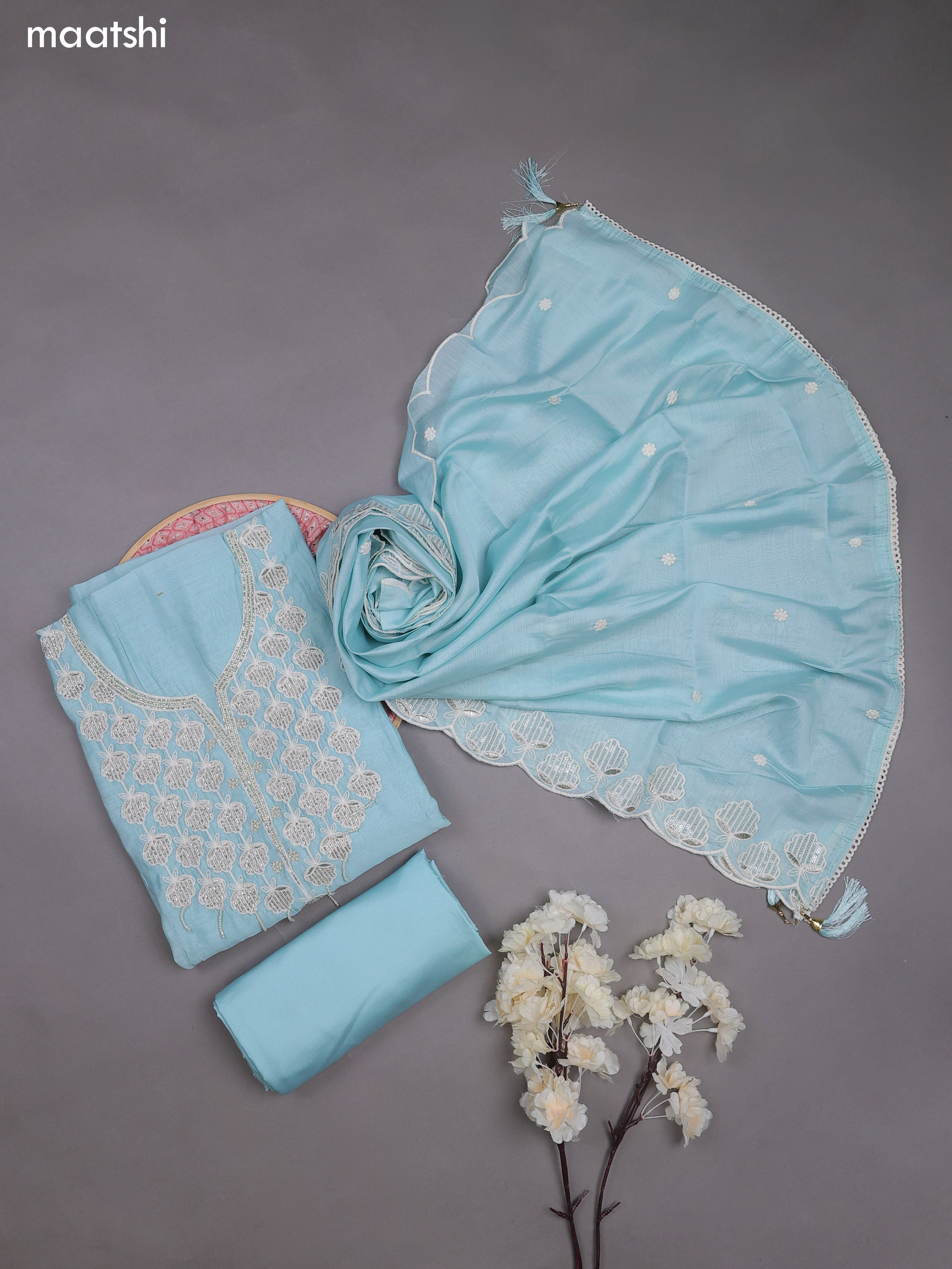 Light Blue Mul Chanderi Dress Material With Sequins Embroidery Neck Pattern