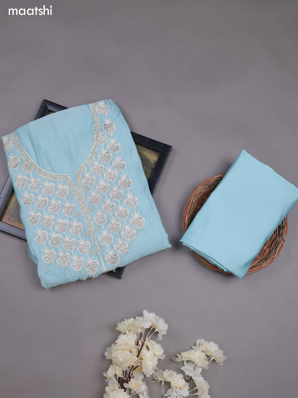 Light Blue Mul Chanderi Dress Material With Sequins Embroidery Neck Pattern