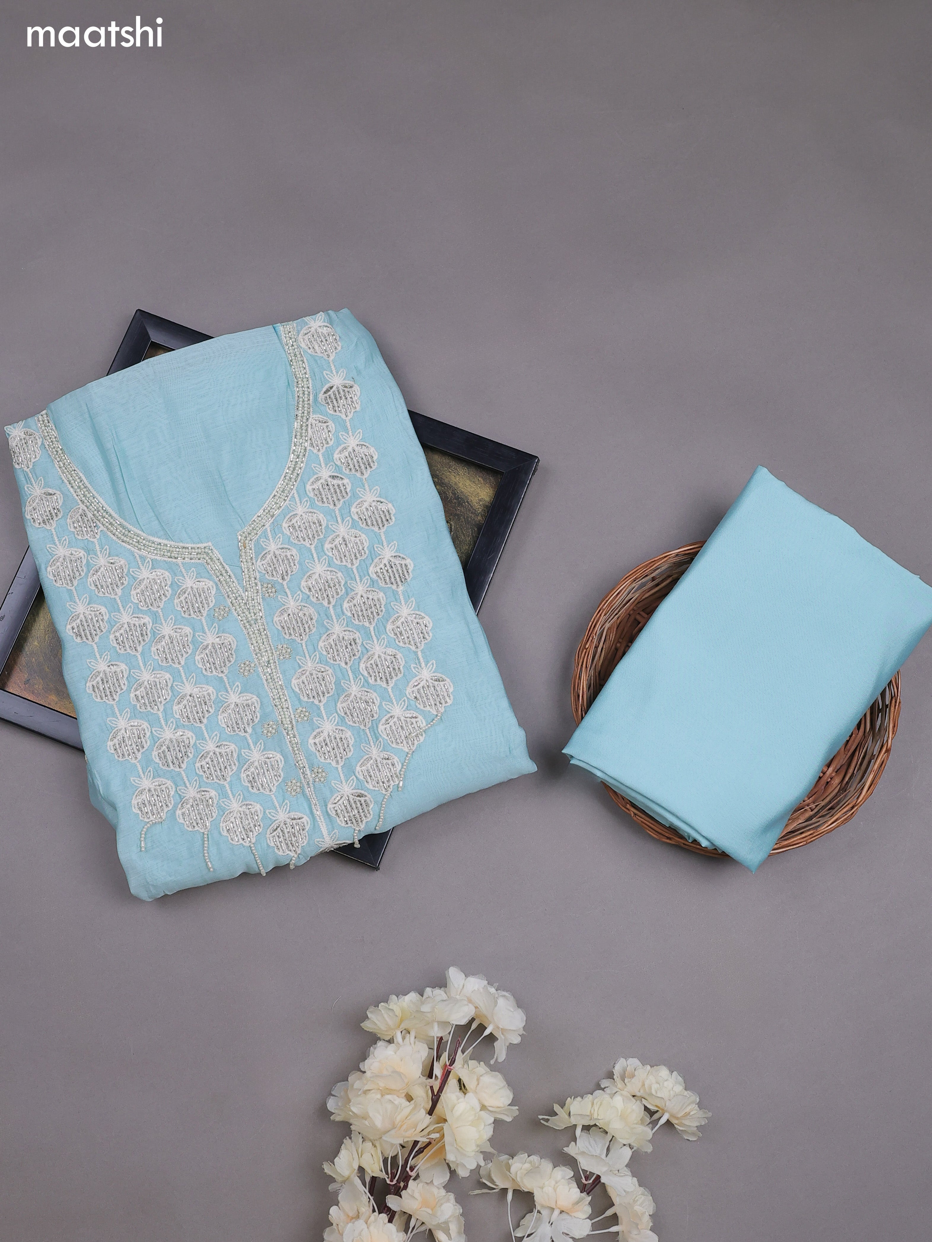 Light Blue Mul Chanderi Dress Material With Sequins Embroidery Neck Pattern