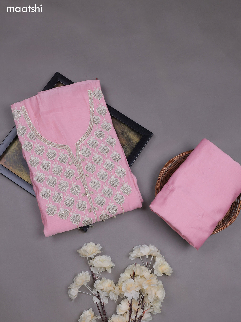 Pink Mul Chanderi Dress Material With Sequins Embroidery Neck Pattern