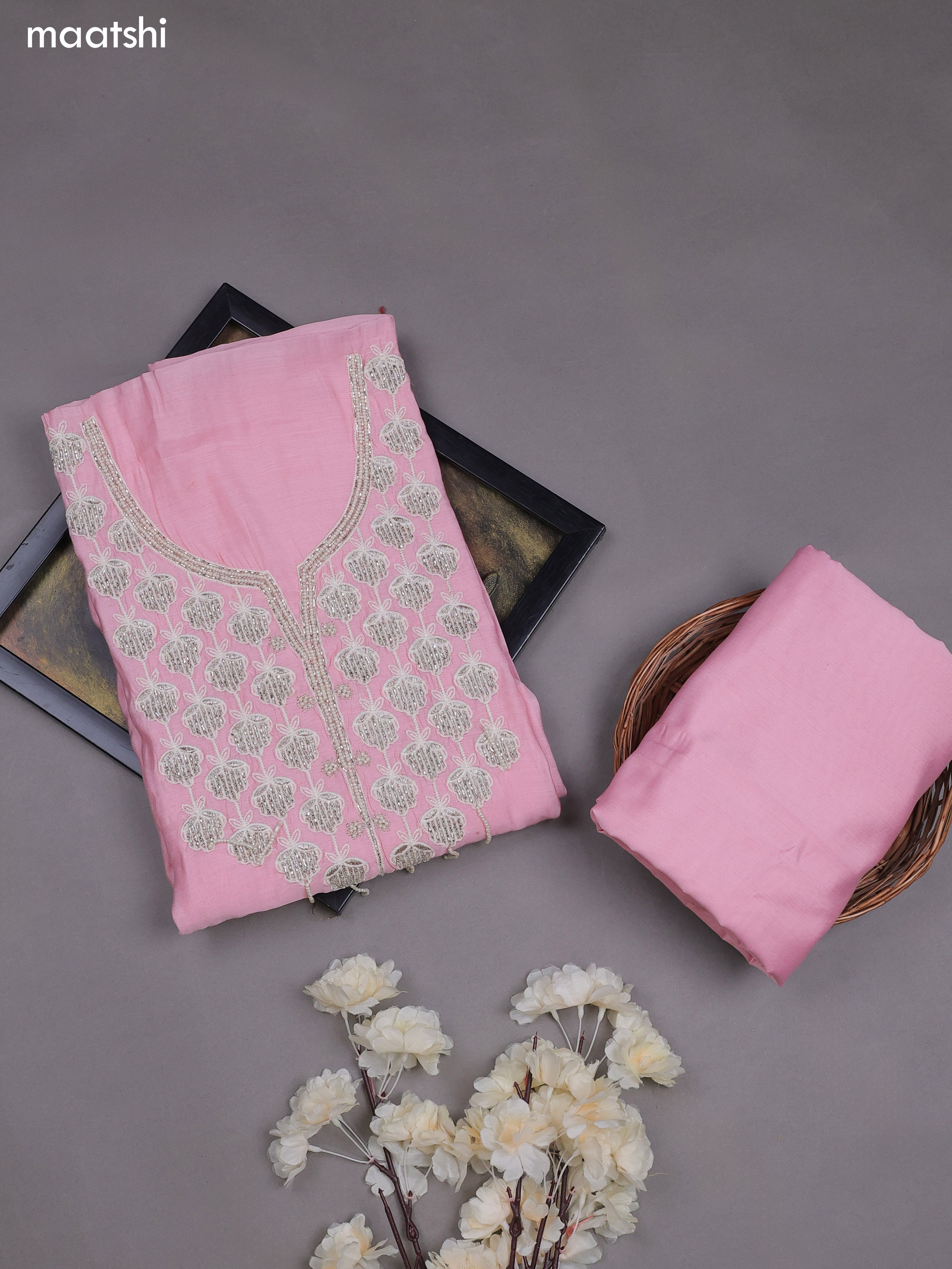 Pink Mul Chanderi Dress Material With Sequins Embroidery Neck Pattern