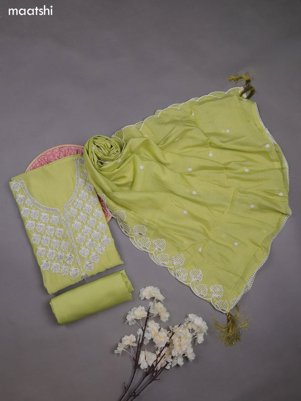 Pastel Green Mul Chanderi Dress Material With Sequins Embroidery Neck Pattern