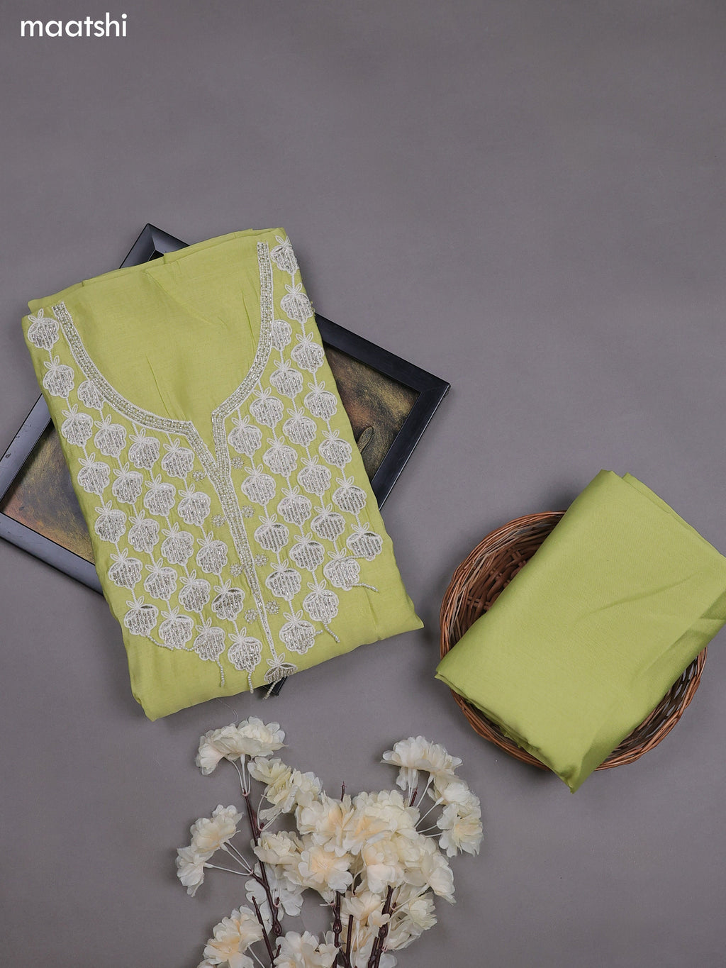 Pastel Green Mul Chanderi Dress Material With Sequins Embroidery Neck Pattern