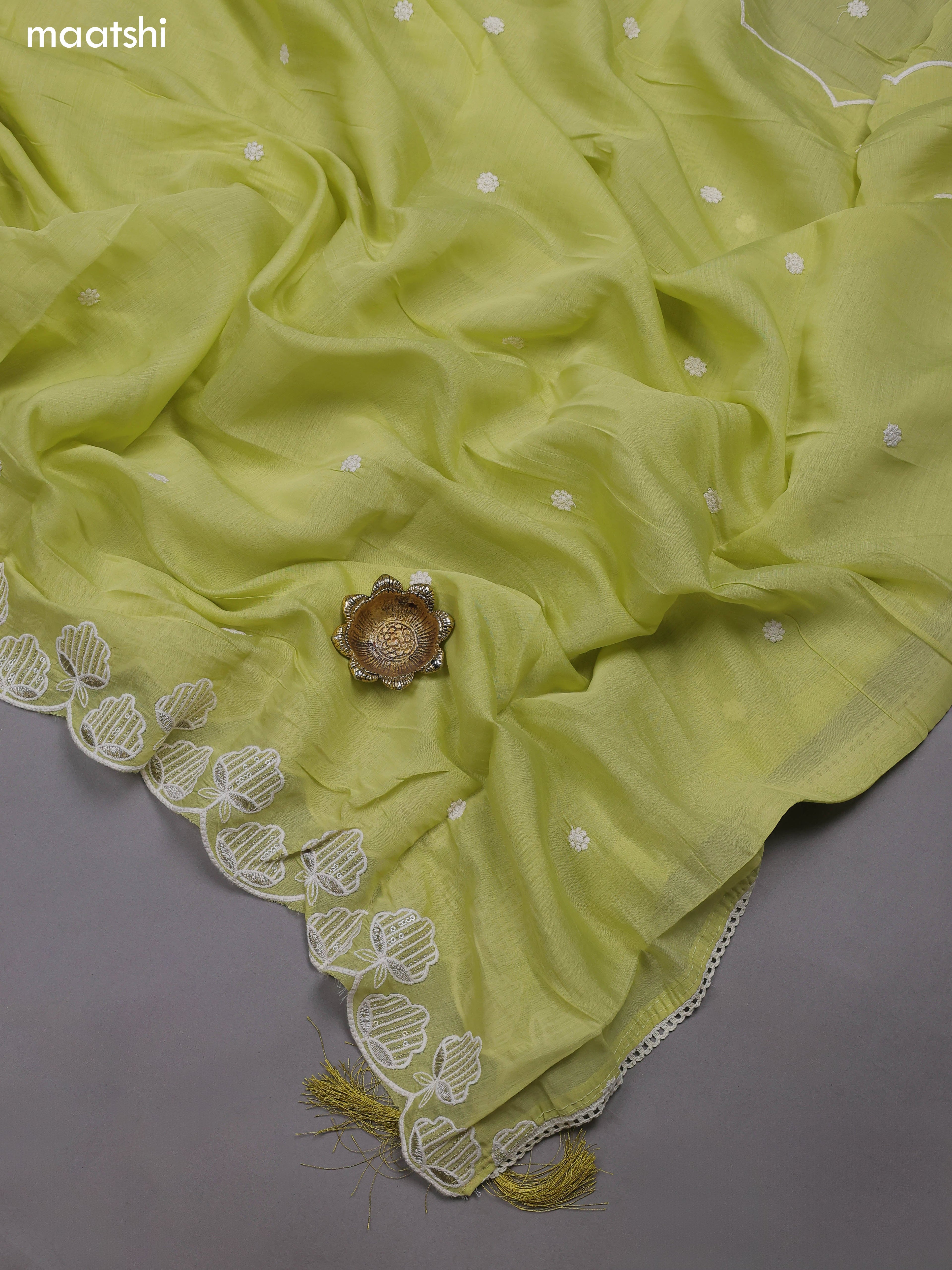Pastel Green Mul Chanderi Dress Material With Sequins Embroidery Neck Pattern