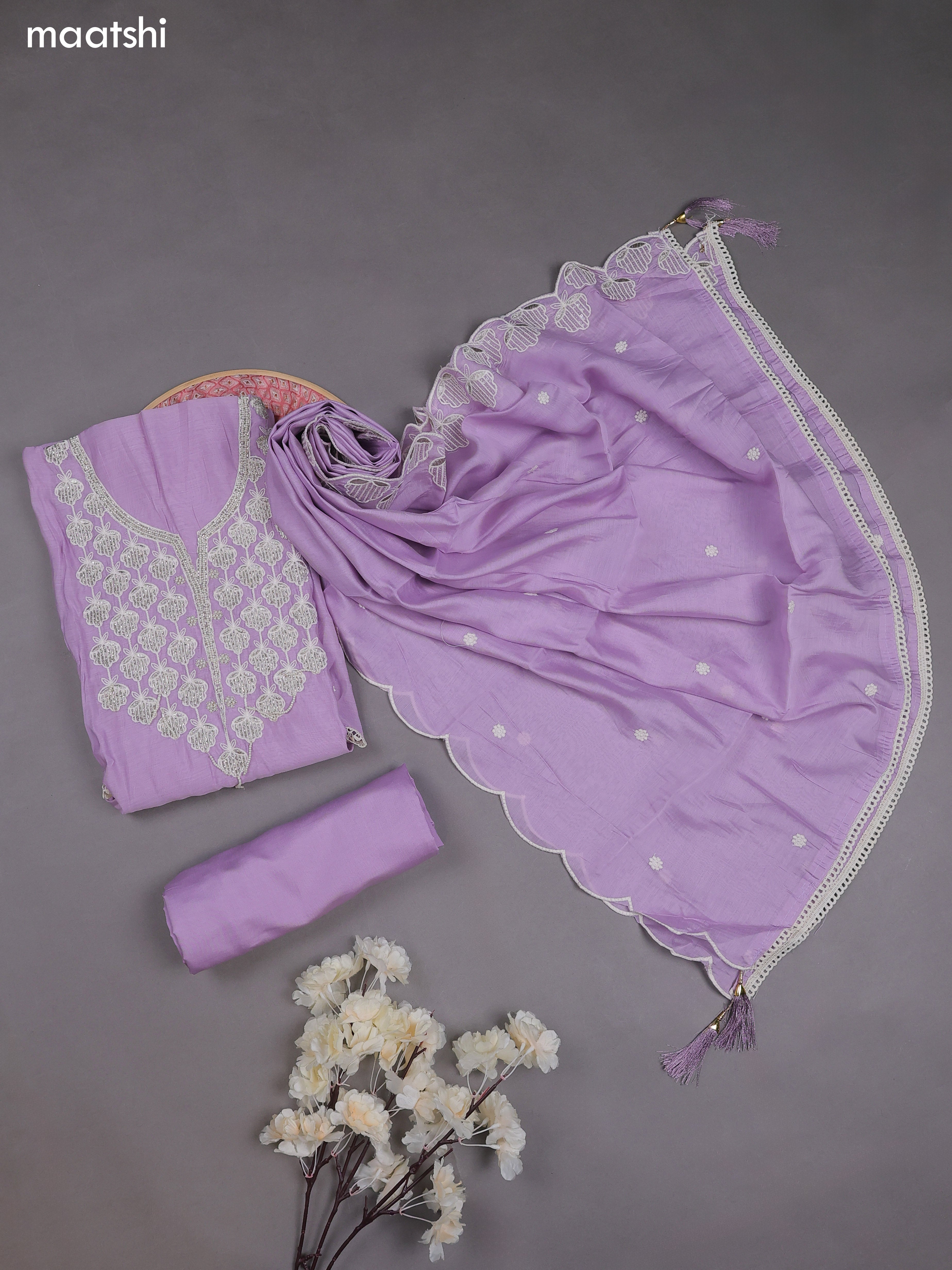 Lavender Mul Chanderi Dress Material With Sequins Embroidery Neck Pattern