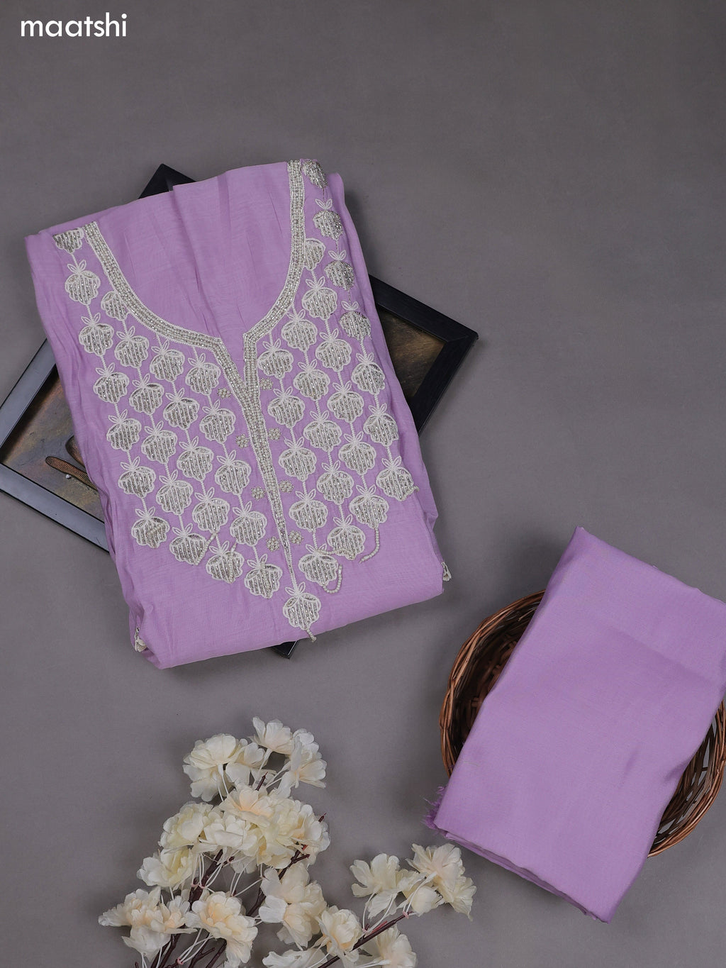 Lavender Mul Chanderi Dress Material With Sequins Embroidery Neck Pattern