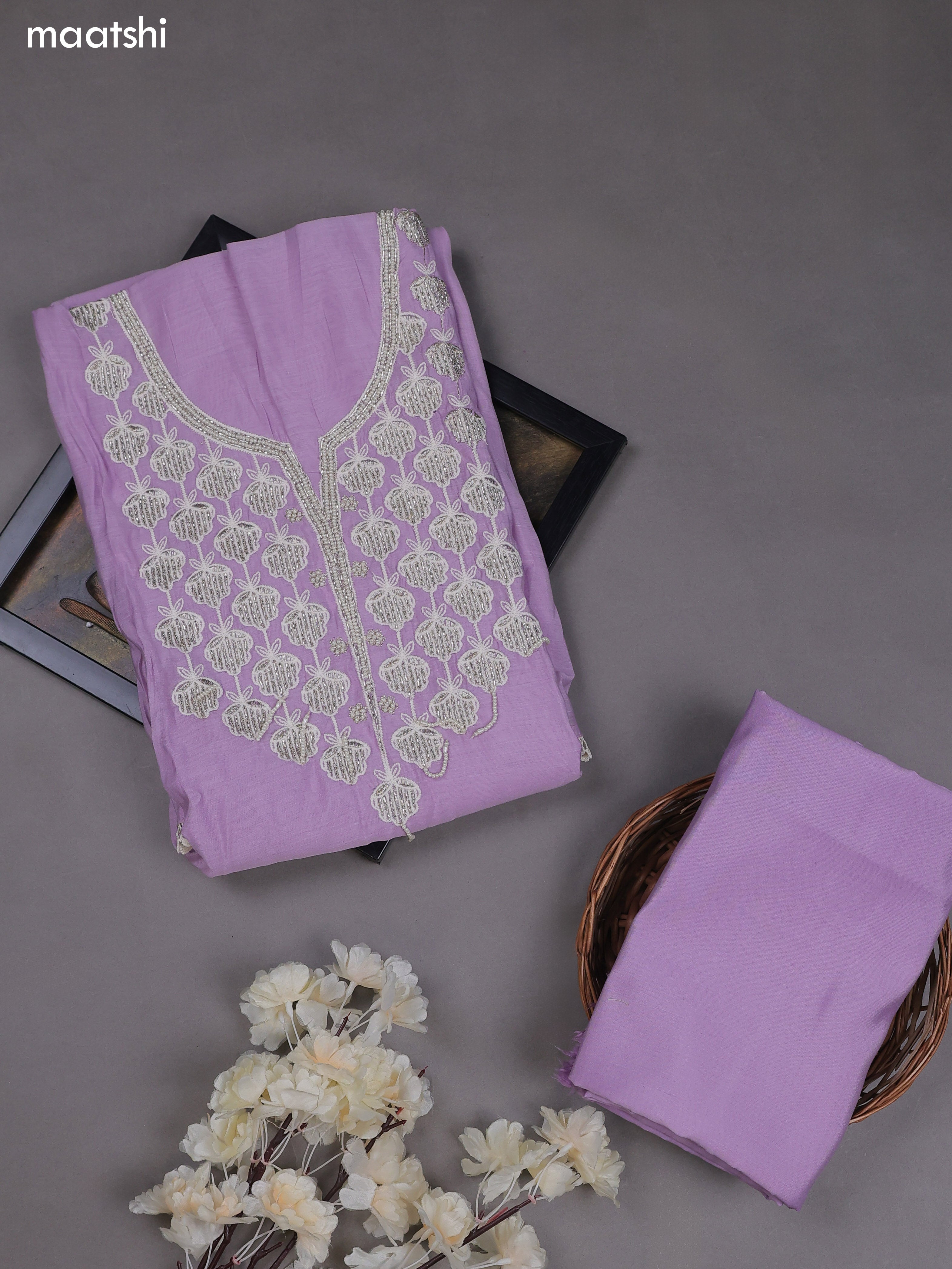 Lavender Mul Chanderi Dress Material With Sequins Embroidery Neck Pattern