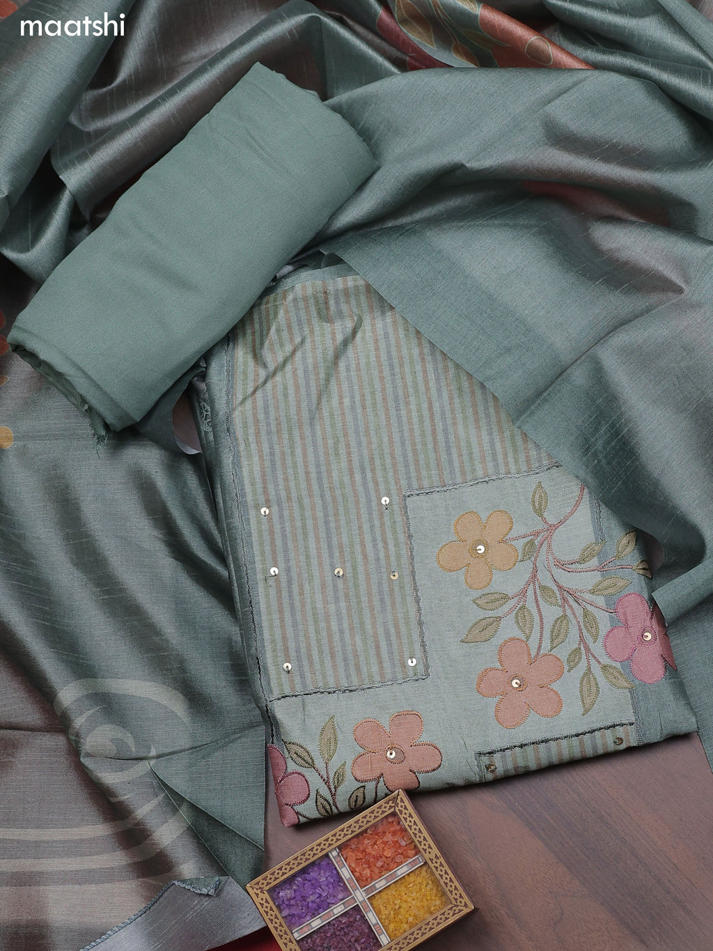 Pastel Green Chanderi Dress Material With Patch Work Neck Pattern