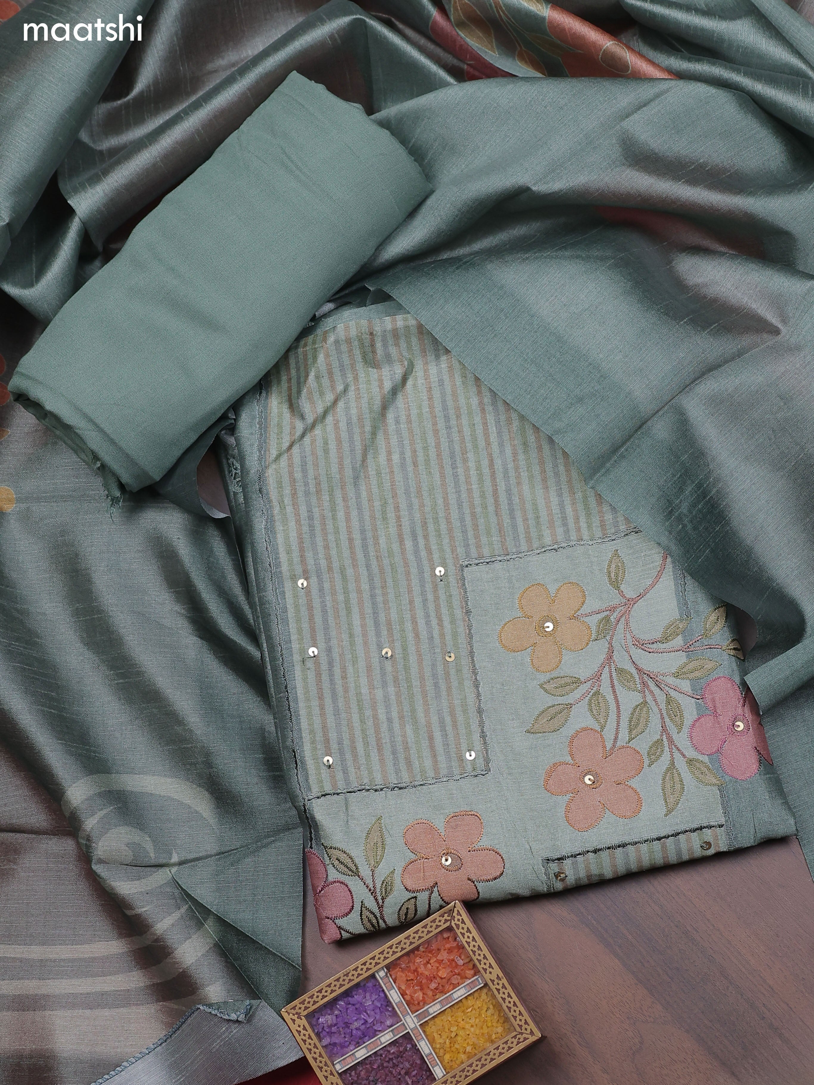 Pastel Green Chanderi Dress Material With Patch Work Neck Pattern