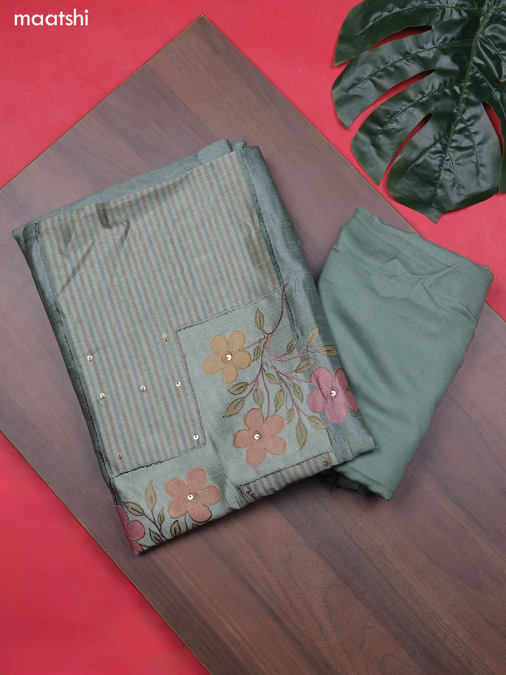 Pastel Green Chanderi Dress Material With Patch Work Neck Pattern